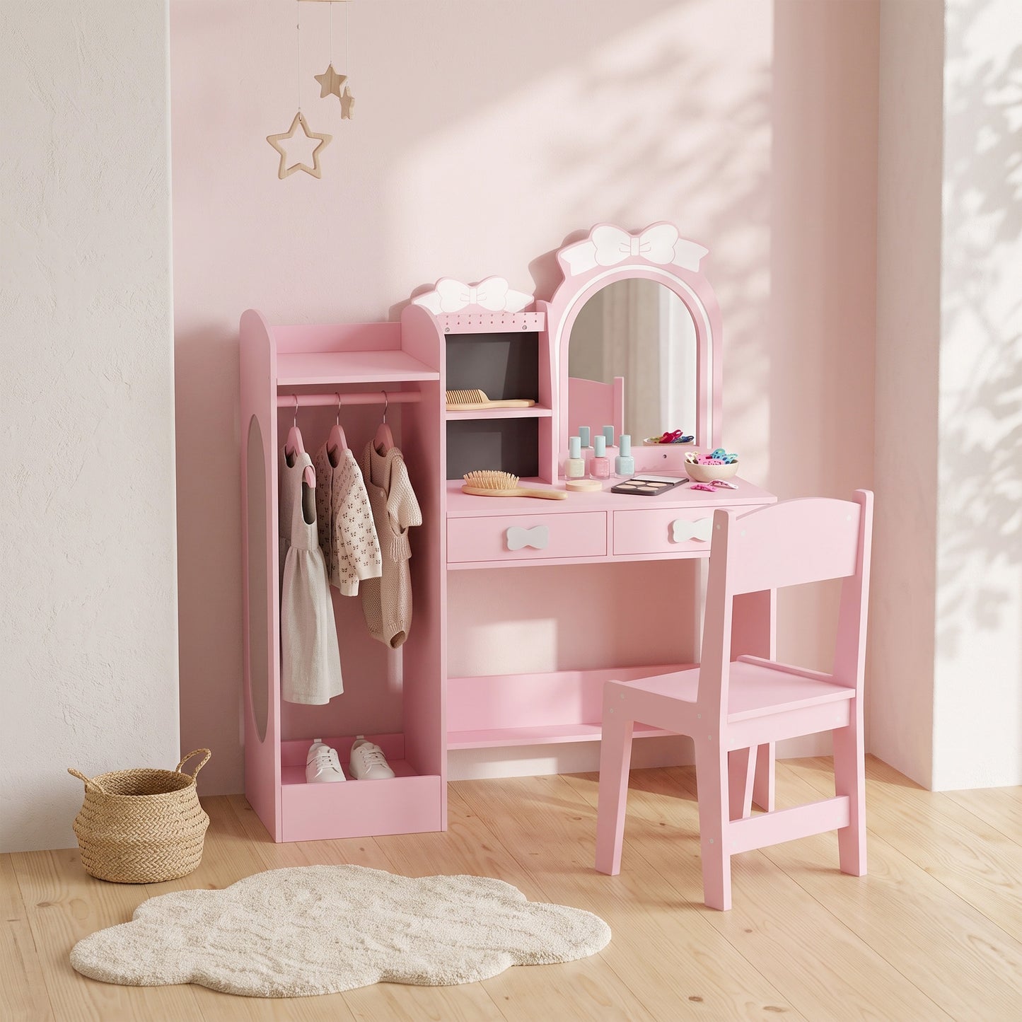 AIYAPLAY Kids Dressing Table, 3-in-1 Girls Vanity Set with Stool, 2-Colour Lights Mirror, Clothes Rack for Ages 3-8, Pink