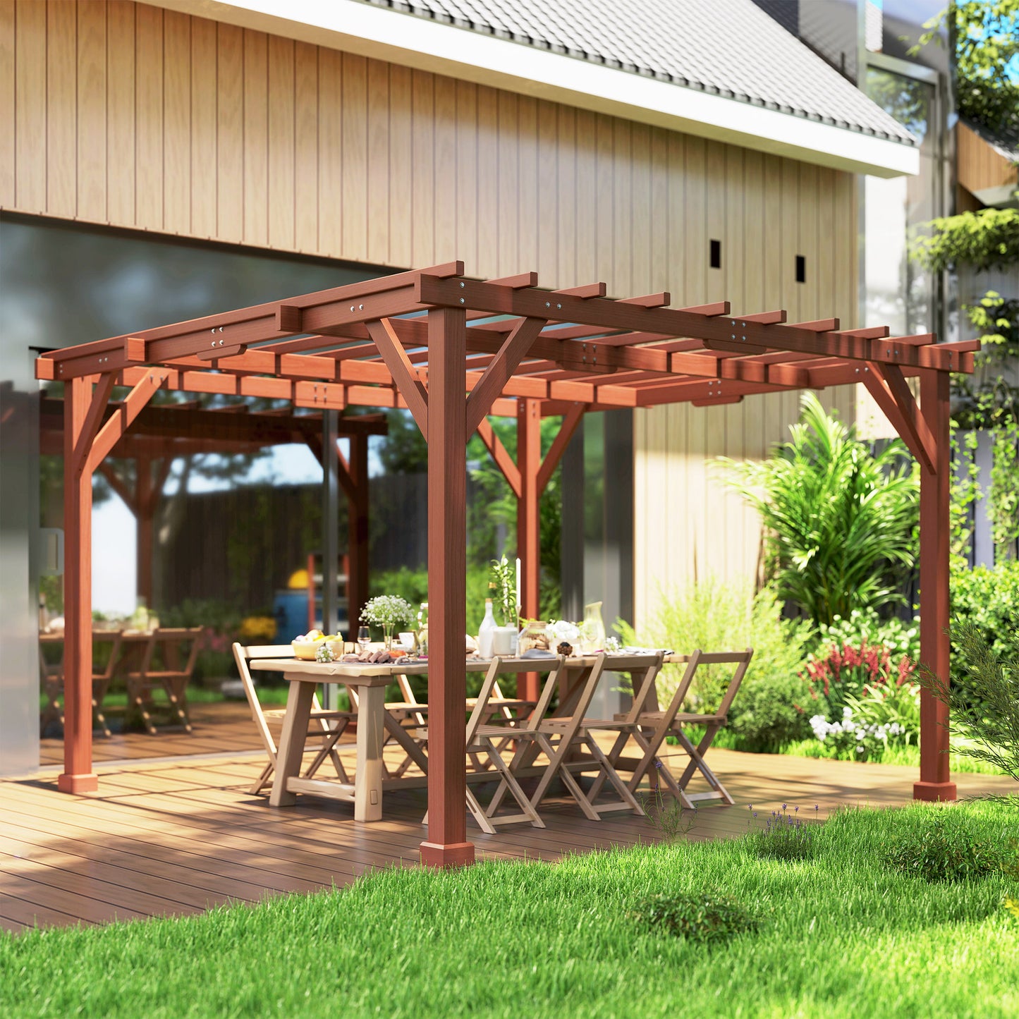 Outsunny 3.3 x 3.3 m Wooden Pergola Kit, Graden Pergola Gazebo Grape Trellis with Stable Structure for Climbing Vines, Flowers