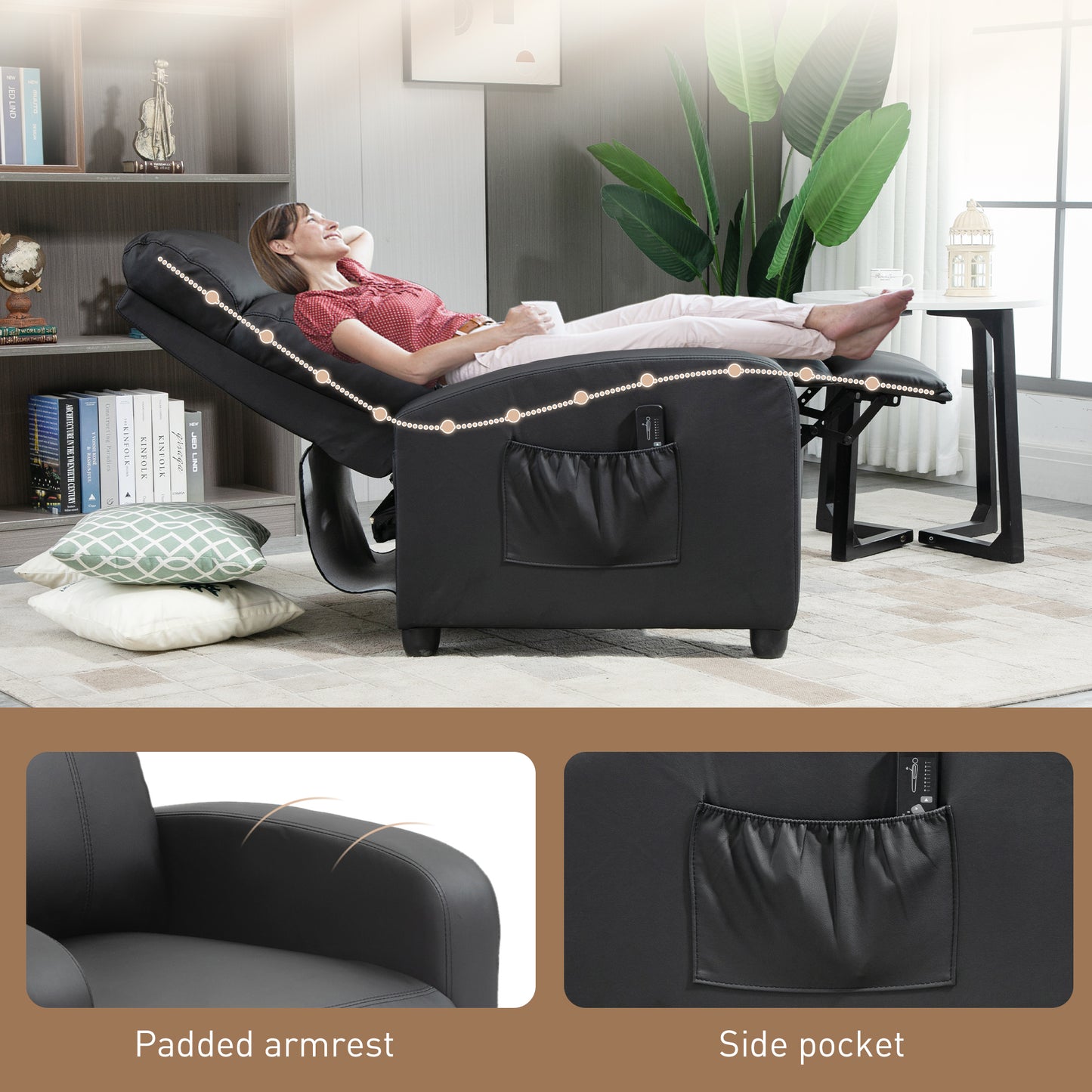 HOMCOM Massage Recliner Armchair with 150Â° Recline, Faux Leather, Side Pocket, Black