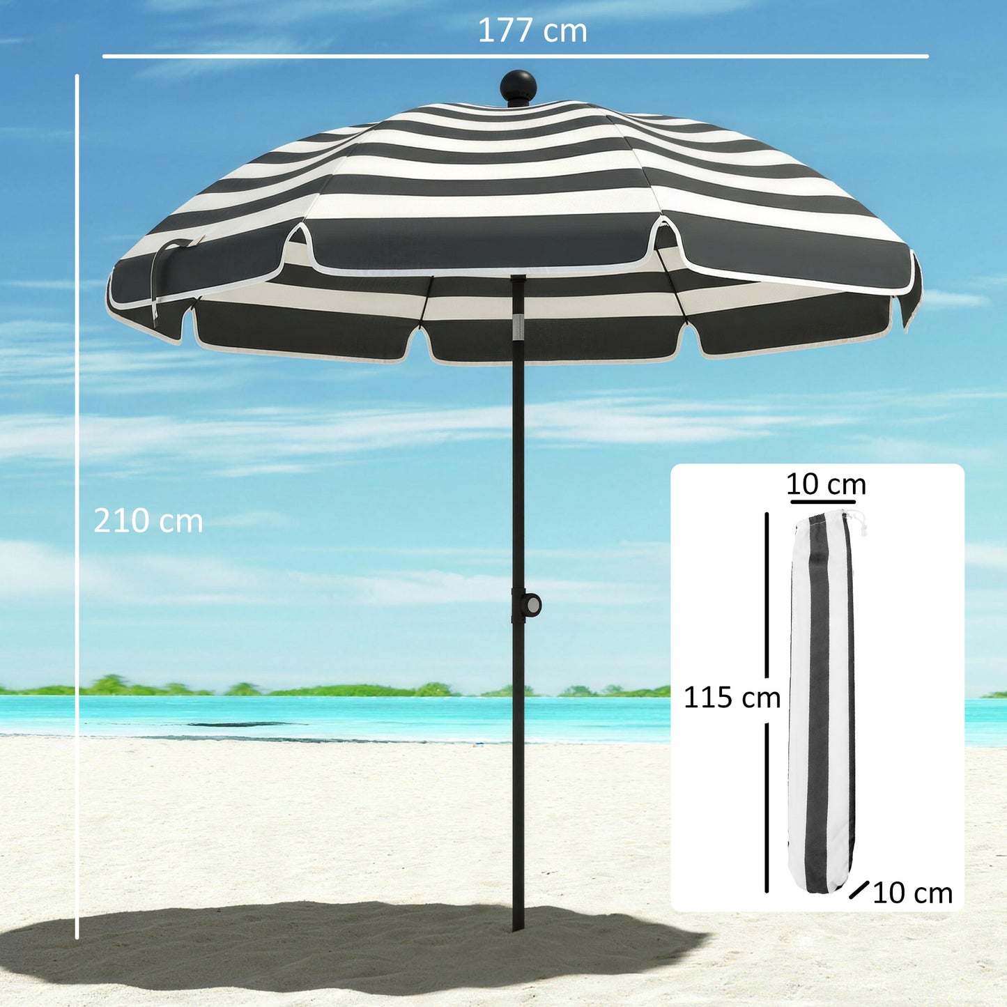 Outsunny 1.8 m Beach Umbrella Parasol with Sand Anchor, Portable 30Â° Tilting Patio Sun Shade with Adjustable Height, Grey/White