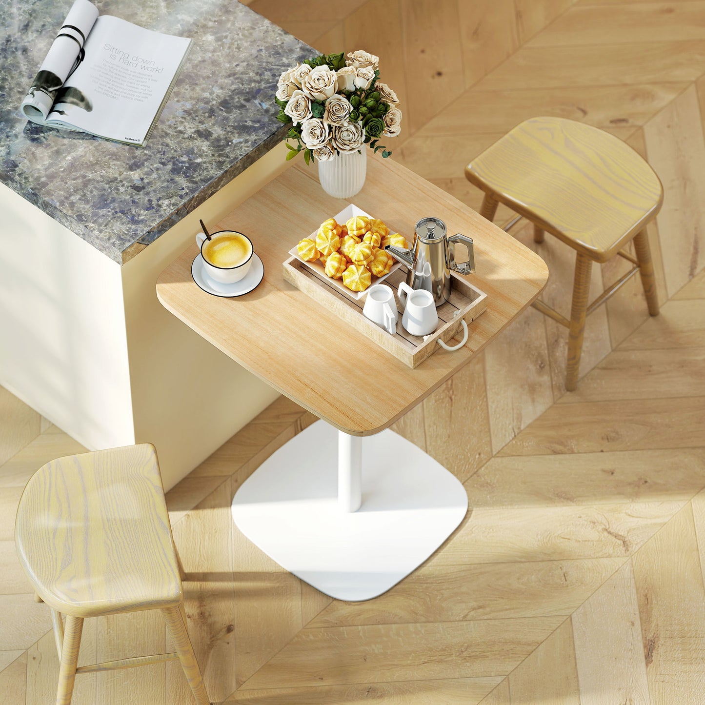 HOMCOM Small Dining Table, 60 cm Square Kitchen Table with Wood-veneer Top and Steel Base - Natural Wood Finish