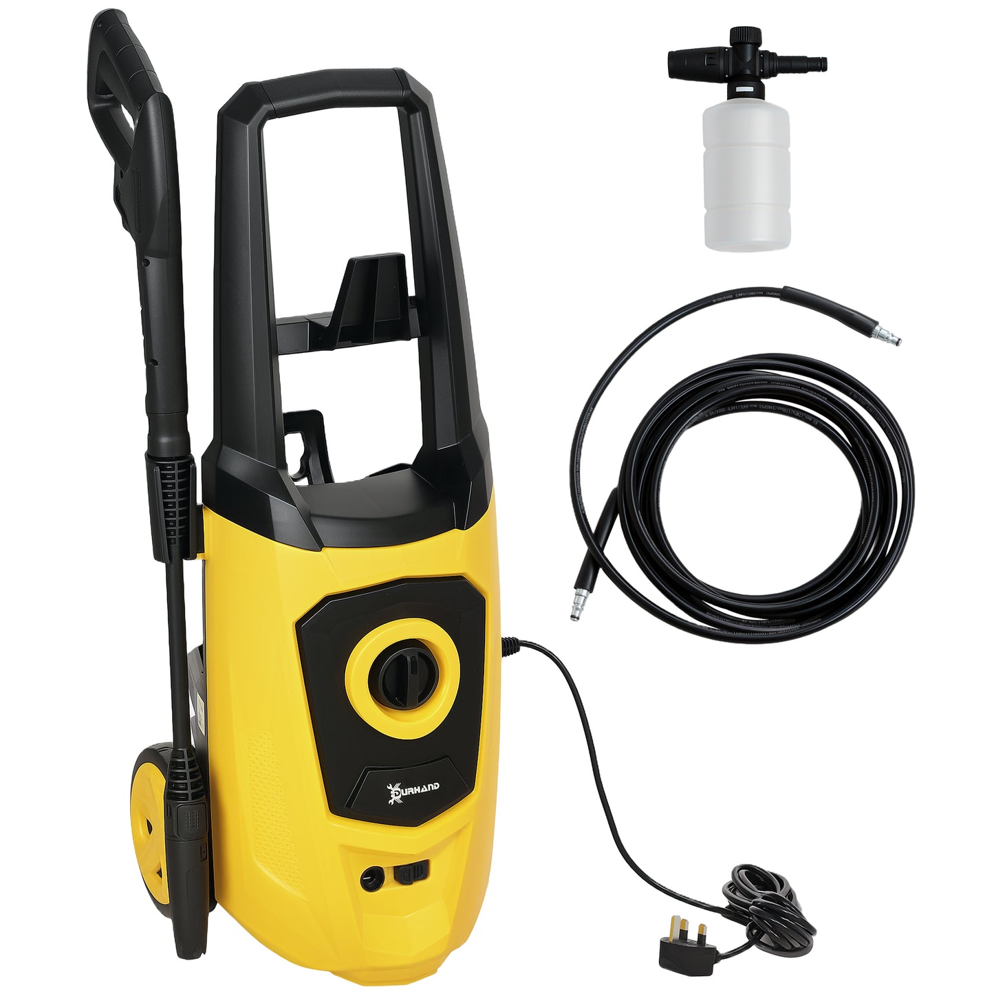 DURHAND 1800W HighÂ PressureÂ Washer, 150 Bar Pressure, 510 L/h Flow, High-Performance Portable Power Washer Jet Wash Cleaner with 6M Hose, Snow Foam Bottle for Garden, Car, Furniture, Yellow