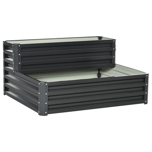 Outsunny 2 Tier Raised Garden Bed, Galvanised Planter Box with Open Bottom for Vegetables Flowers Herbs, 120x101x58cm, Dark Grey