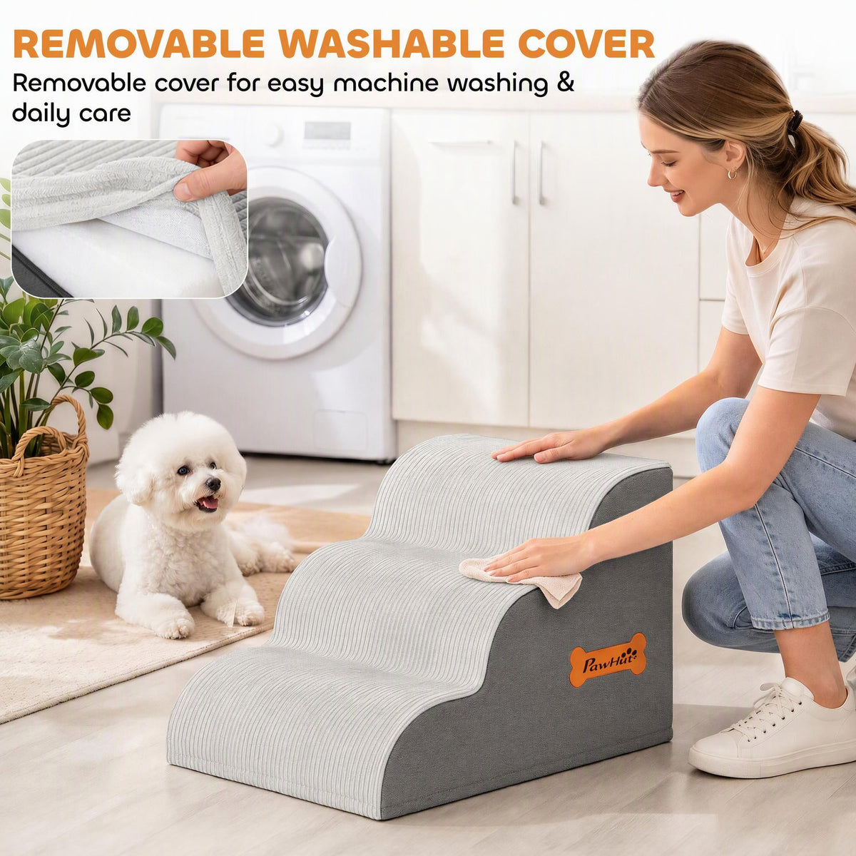 PawHut Dog Steps for Bed and Sofa, 3-Step Non-Slip Dog Stairs with Removable Washable Cover, Carry Handle, Light Grey