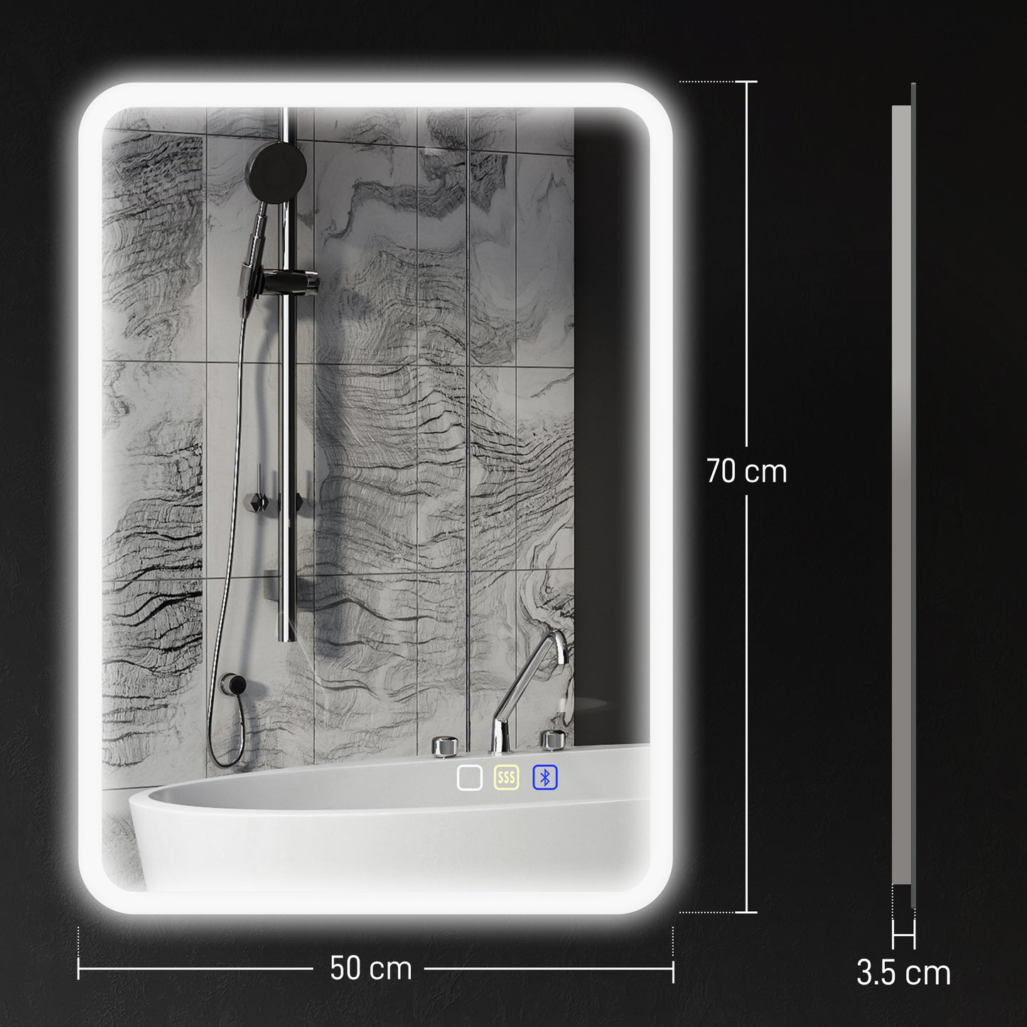 HOMCOM 70 x 50cm LED Bathroom Mirror, with Bluetooth - Silver Tone