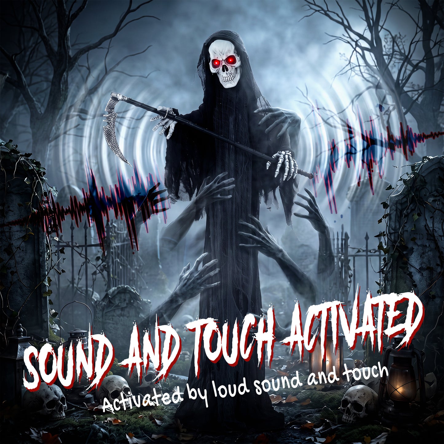 HOMCOM 183cm Life Size Animated Grim Reaper Halloween Decoration, Scary Halloween Animatronics Decor with Sound Touch Activated