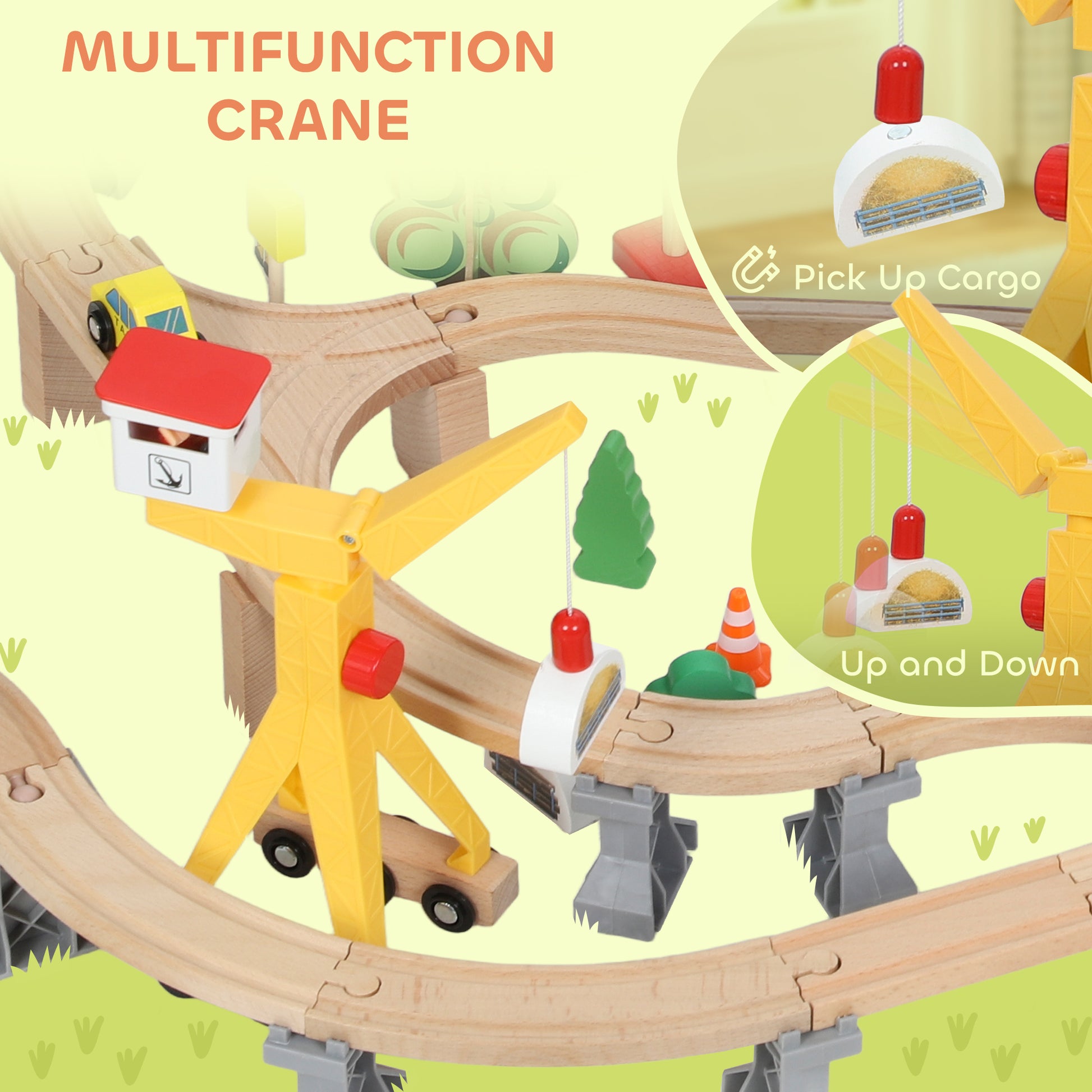 AIYAPLAY 133-Piece Wooden Train Set, Toy Train with Crane, Storage Box, for Kids Ages 3+