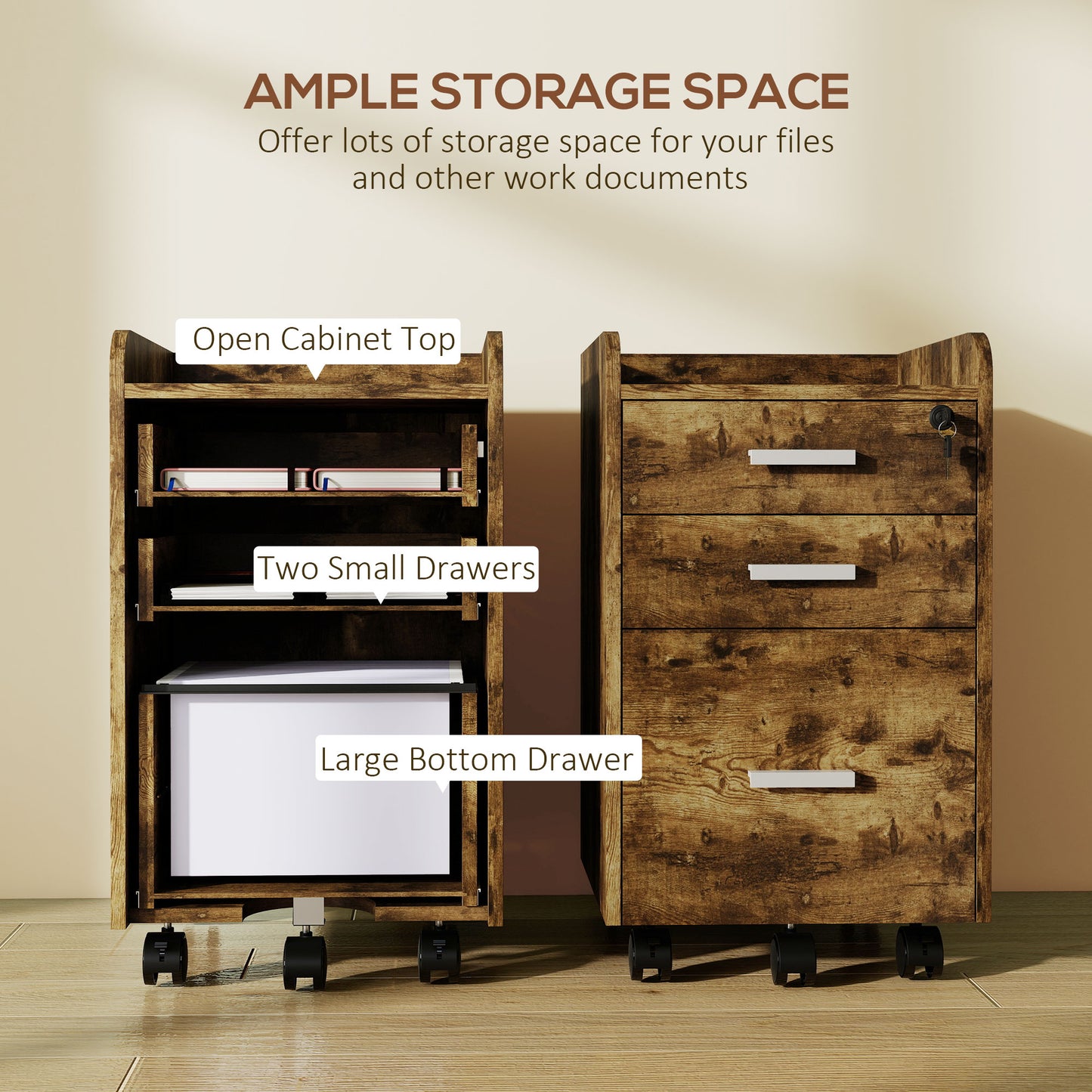 HOMCOM 3 Drawer Filing Cabinet with Lock, Rolling File Cabinet with Edged Top for Letter, A4 Size, Hanging File Folders