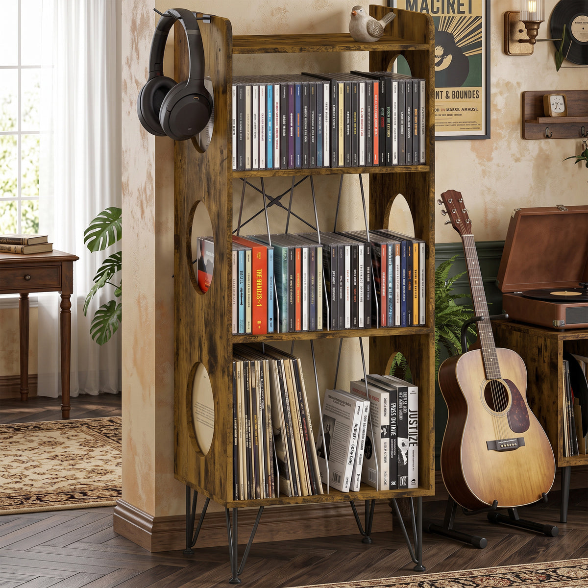 HOMCOM Record Player Stand Open Multi Compartment Media Shelf Home 2 Hooks Rustic Brown