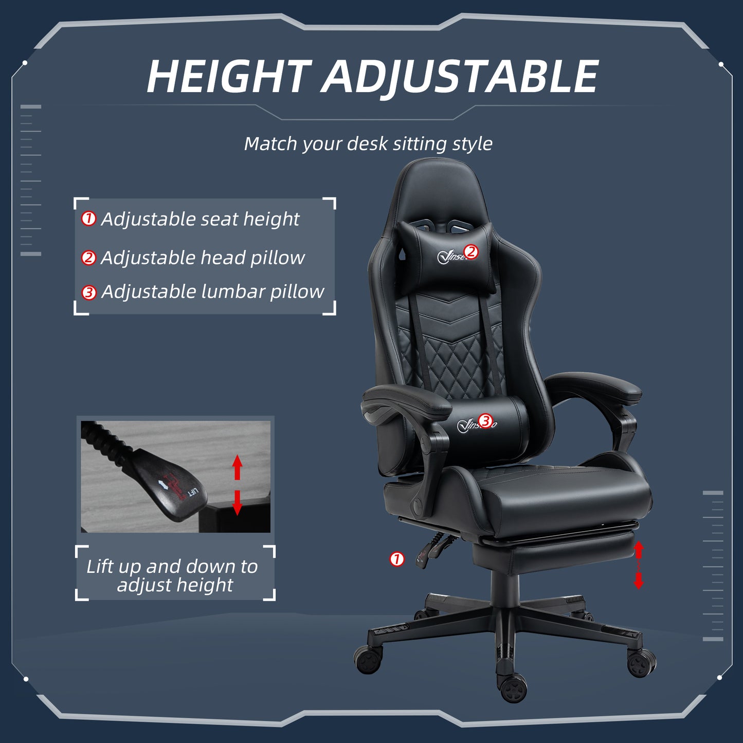 Vinsetto Computer Gaming Chair with Footrest, Video Gaming Chair for Adults with 130Â° Reclining Back, Desk Chair with Lumbar Support and Adjustable Height, Black