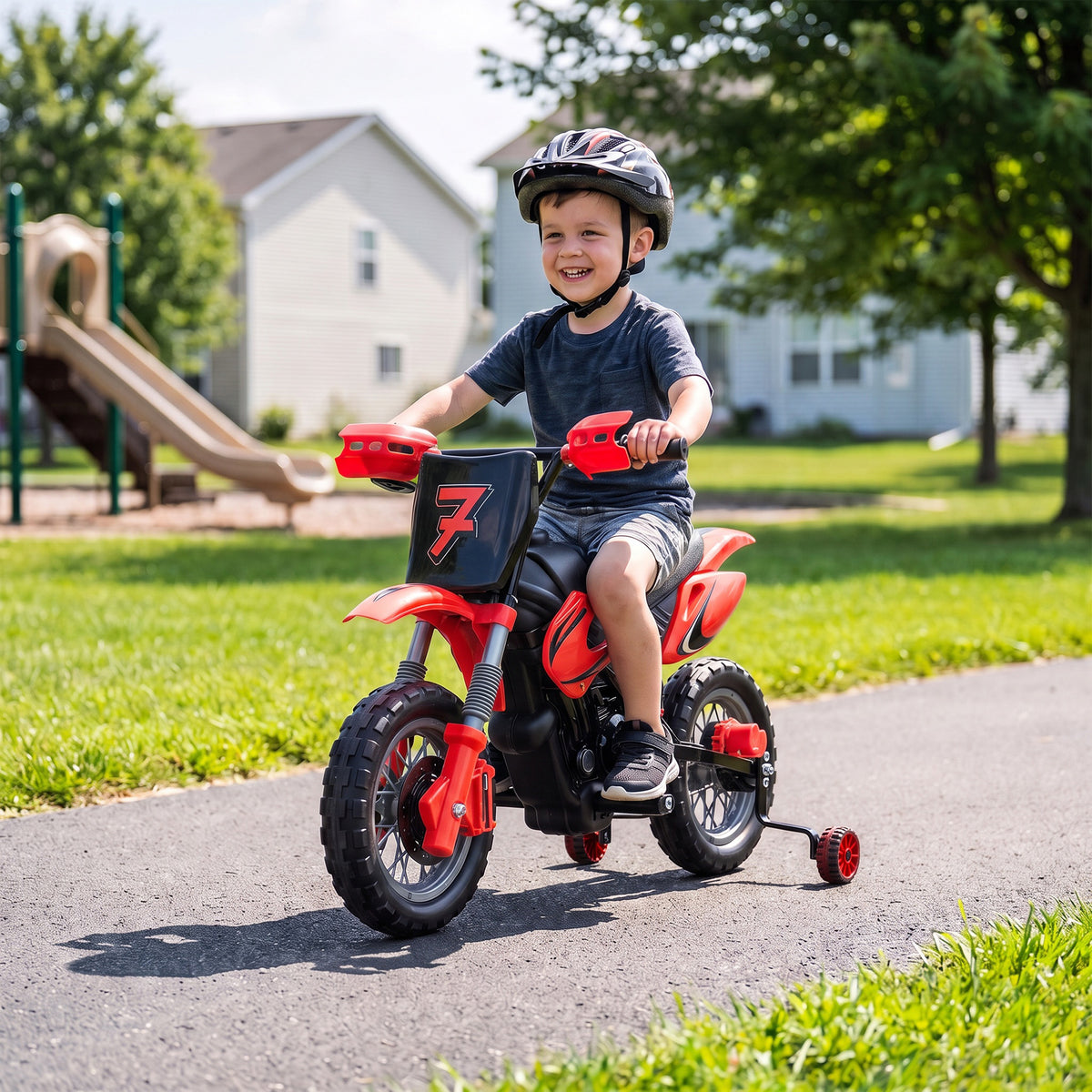 AIYAPLAY 12V Kids Electric Motorbike, Ride on Motorcycle with Dual Motors, Training Wheels, Rear Suspension for 3-6 Years, Red