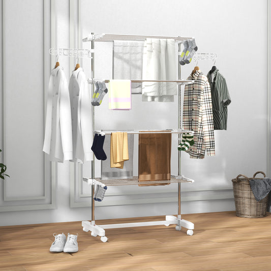 HOMCOM Four-Shelf Collapsing Clothes Horse, With Side Arms and Wheels - White