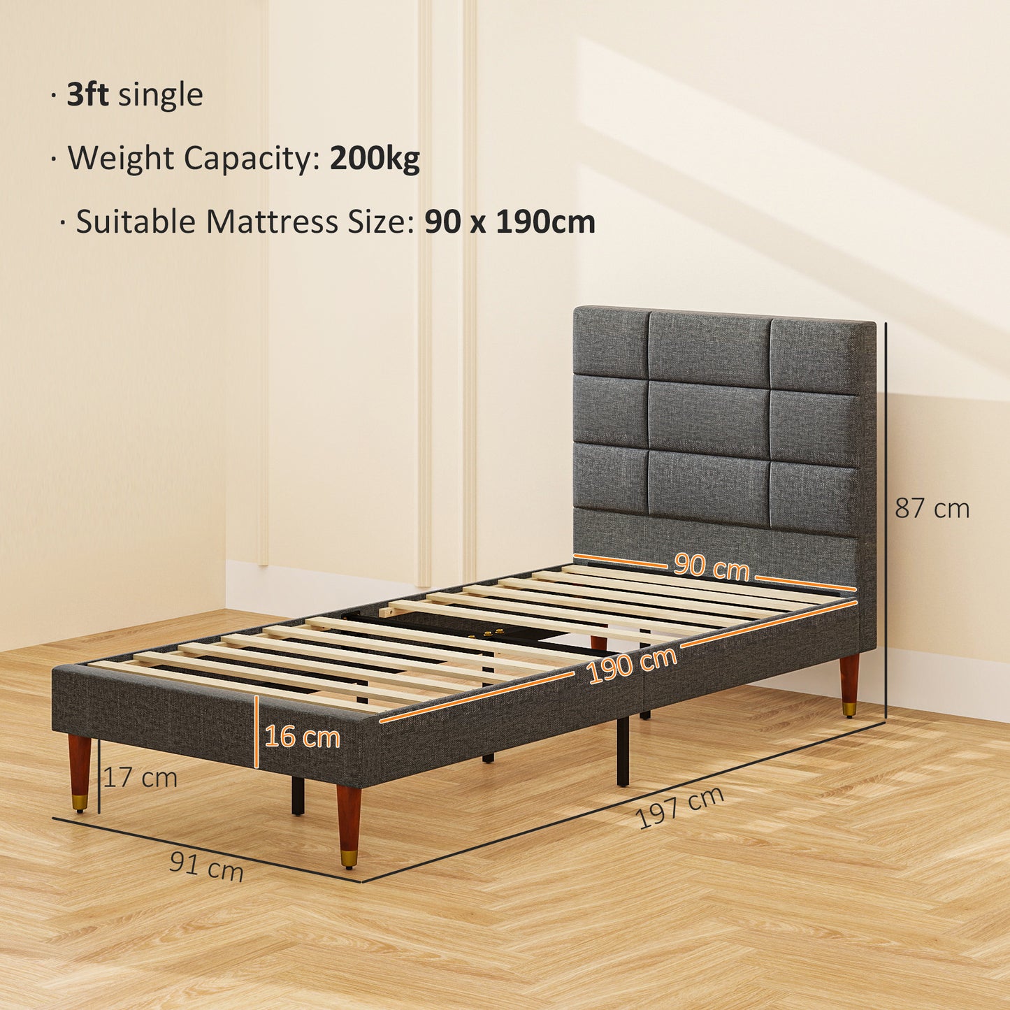 HOMCOM Upholstered Single Bed Frame, with Slats - Grey
