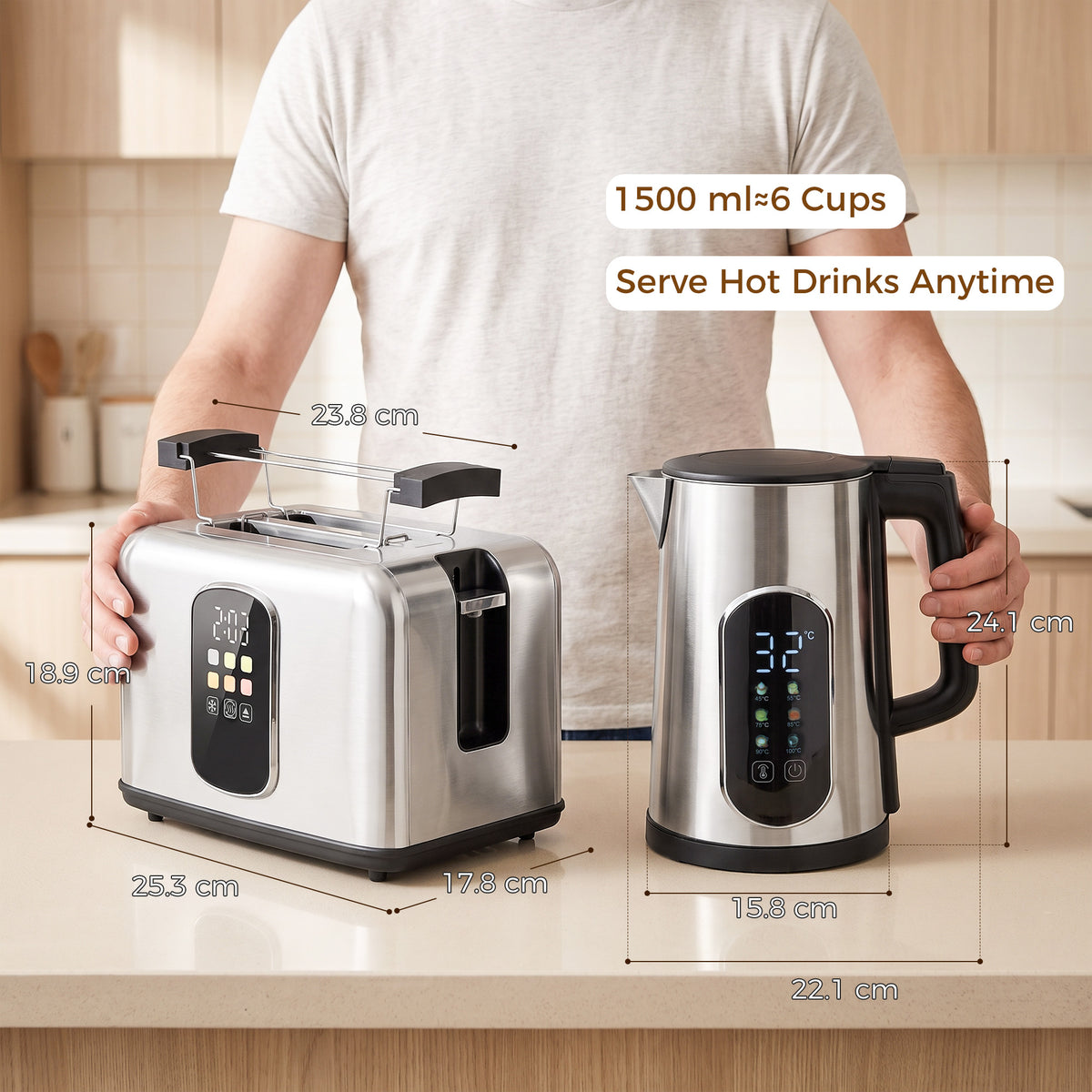 HOMCOM Kettle and Toaster Set with LED Touch Screen, Kettle with Strix Thermostat, 2 Slice Toaster w/ 6 Browning Levels, Silver