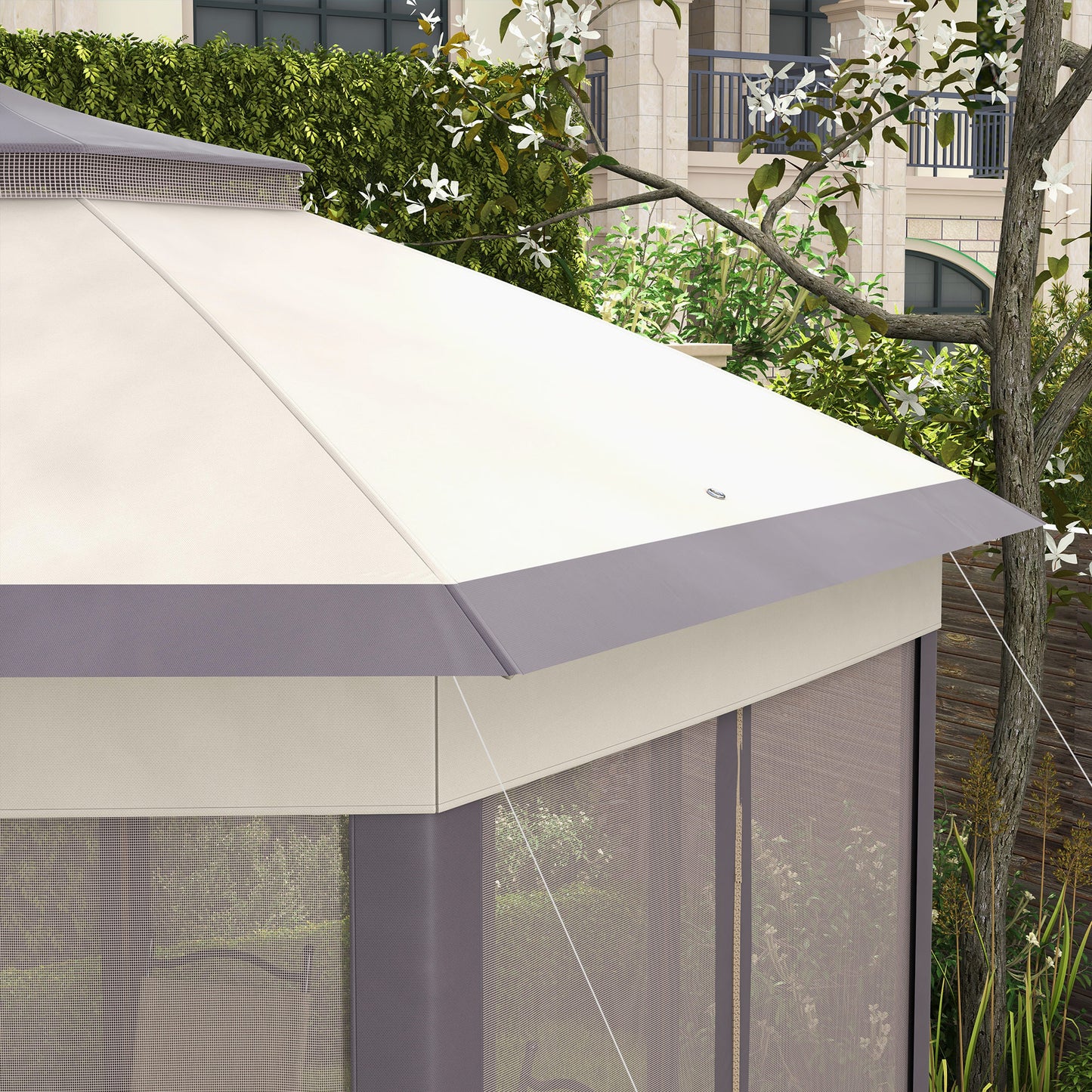 Outsunny 3 x 4m Garden Gazebo Hexagon Pop Up Gazebo Party Tent Canopy Double Roof Instant Shelter with Netting and Carry Bag for Outdoor Patio, Beige