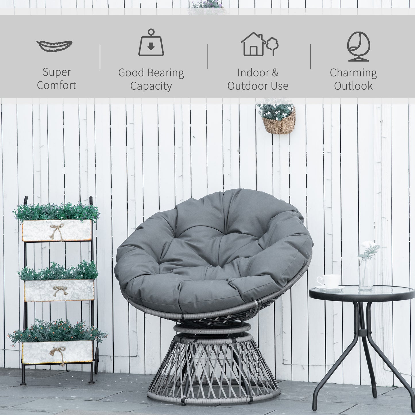 Outsunny 360Â° Swivel Rattan Papasan Moon Bowl Chair Round Lounge Garden Wicker Basket Seat with Padded Cushion Oversized for Outdoor Indoor, Grey