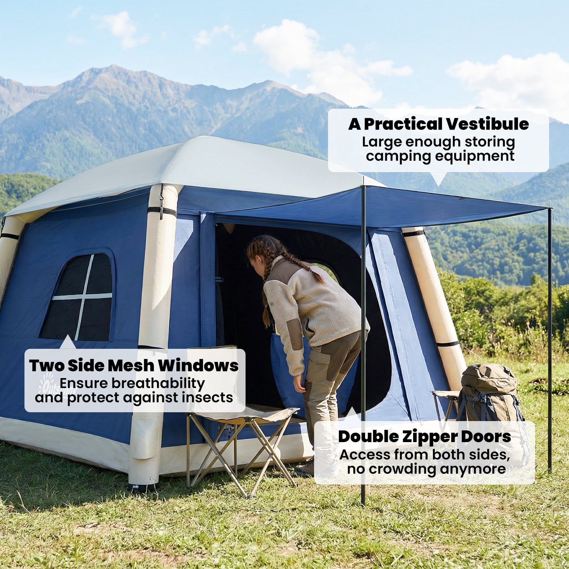 Outsunny Inflatable Camping Tent w/ Hand Pump, Easy Setup 1/2 Person Blow Up Tent, Dark Blue