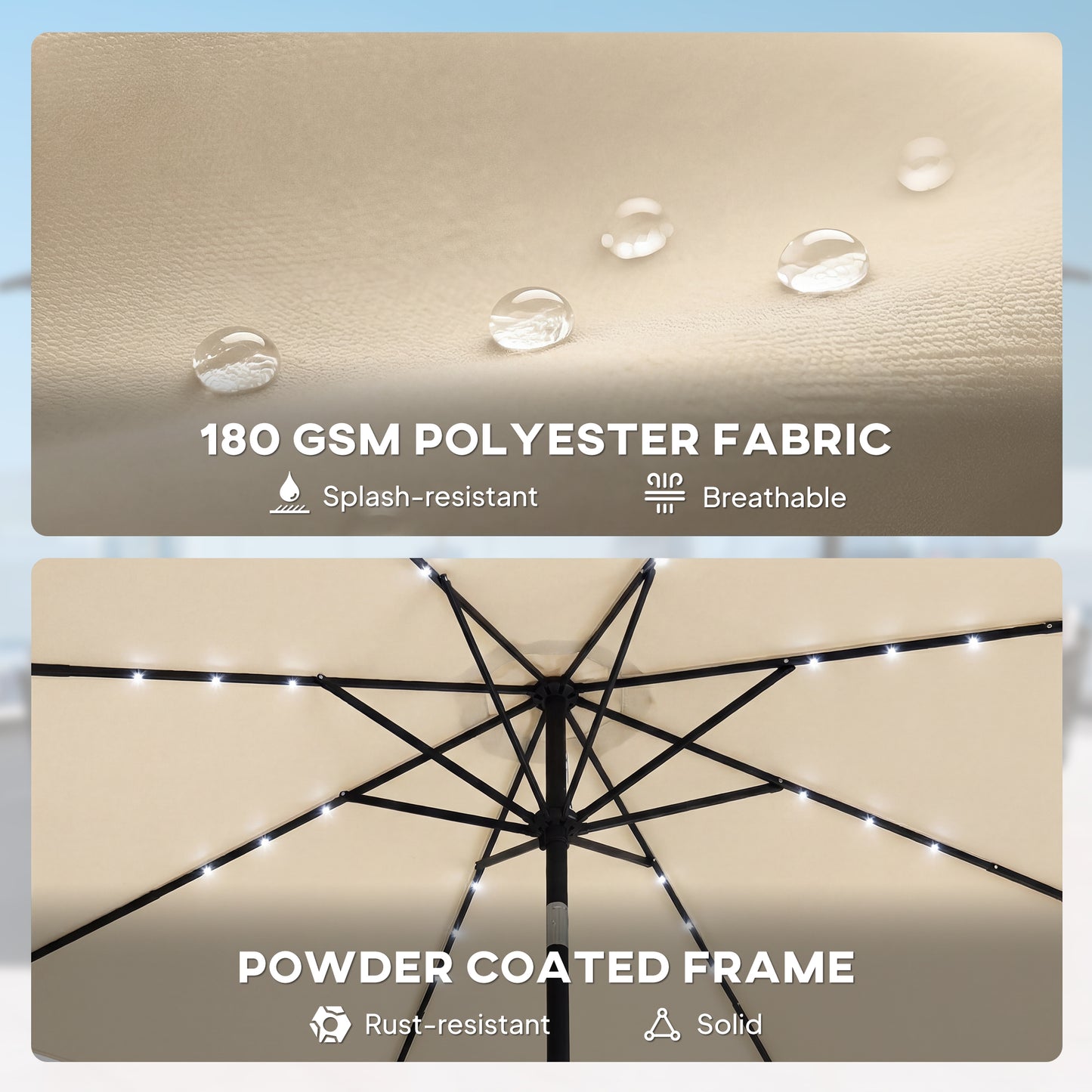 Outsunny 2.6 m Garden Parasol Umbrella with LED Solar Light, Parasol Cover, Outdoor Market Patio Umbrella, Beige