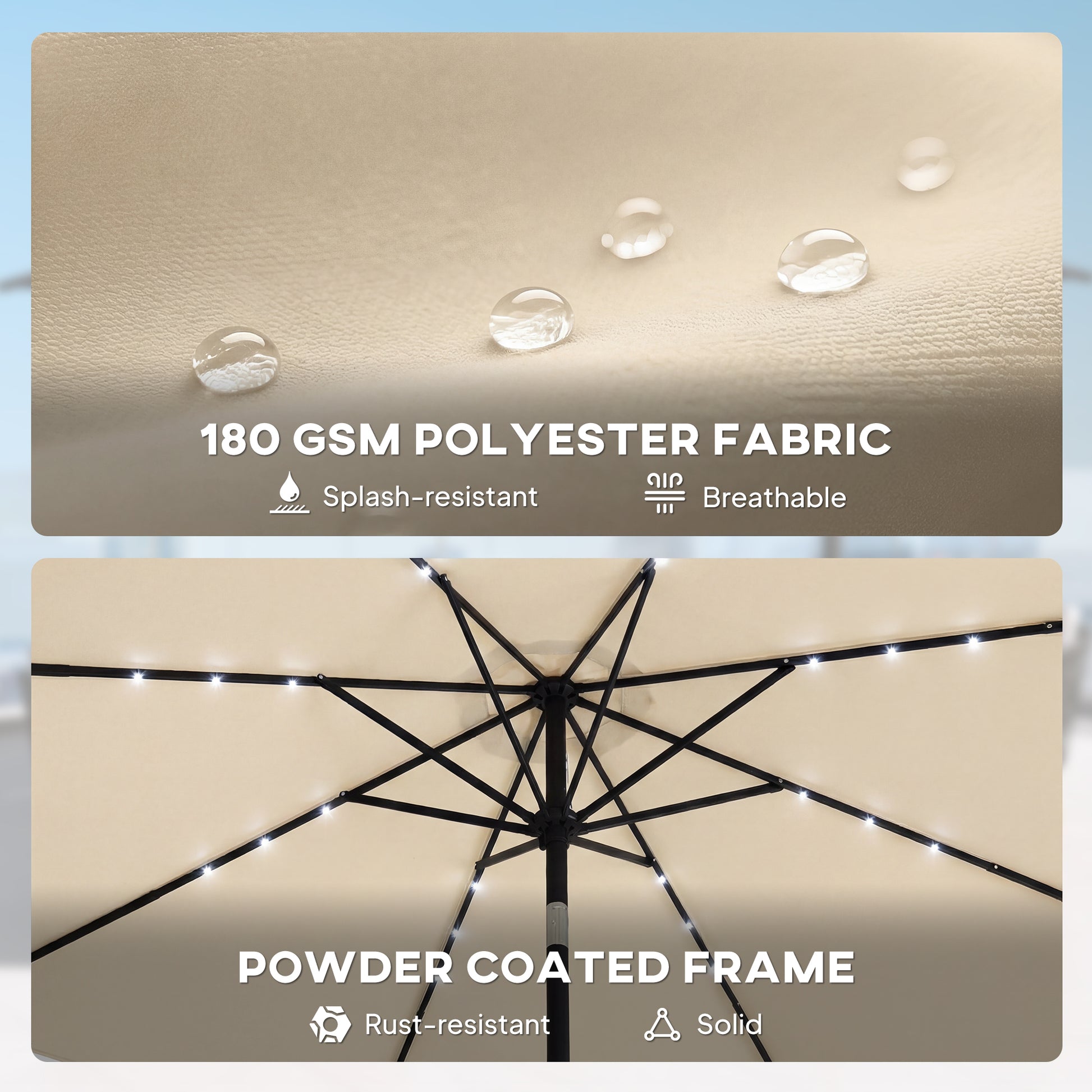 Outsunny 2.6 m Garden Parasol Umbrella with LED Solar Light, Parasol Cover, Outdoor Market Patio Umbrella, Beige