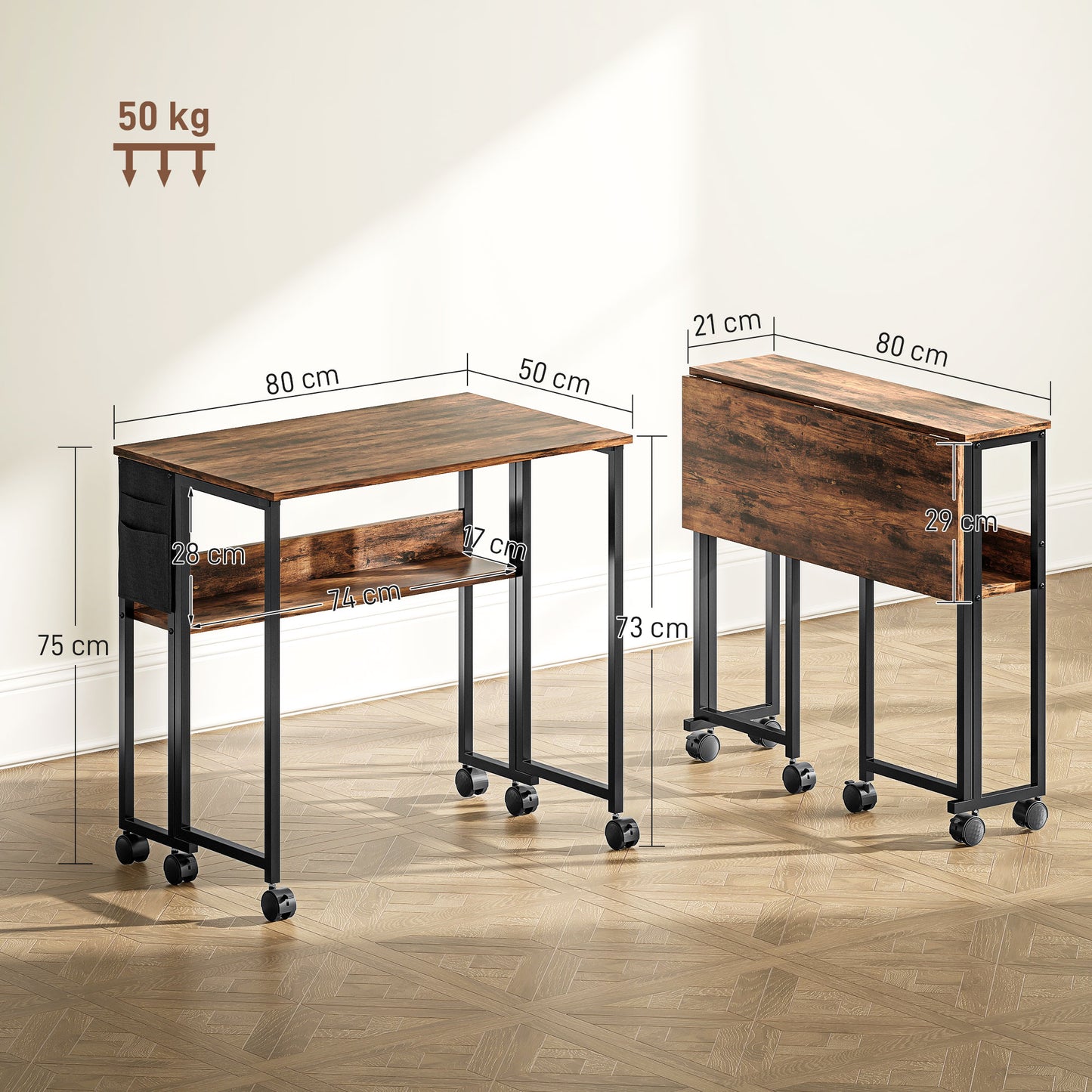 HOMCOM 80 cm Drop Leaf Writing Work Desk - Rustic Brown