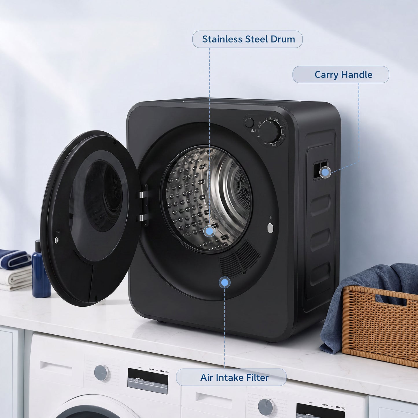 HOMCOM 4kg Front Load Laundry Dryer, Portable Clothes Dryer with 2 Power Modes, 400W/800W, Black