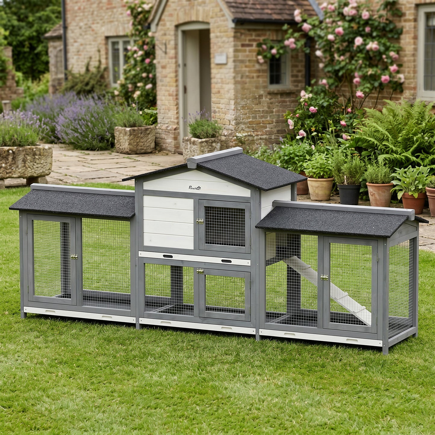 PawHut 2-Tier Large Rabbit Hutch Outdoor with Double Side Run Boxes, No-leak Plastic Tray, Ramp, 230 x 53 x 93.5cm, Light Grey