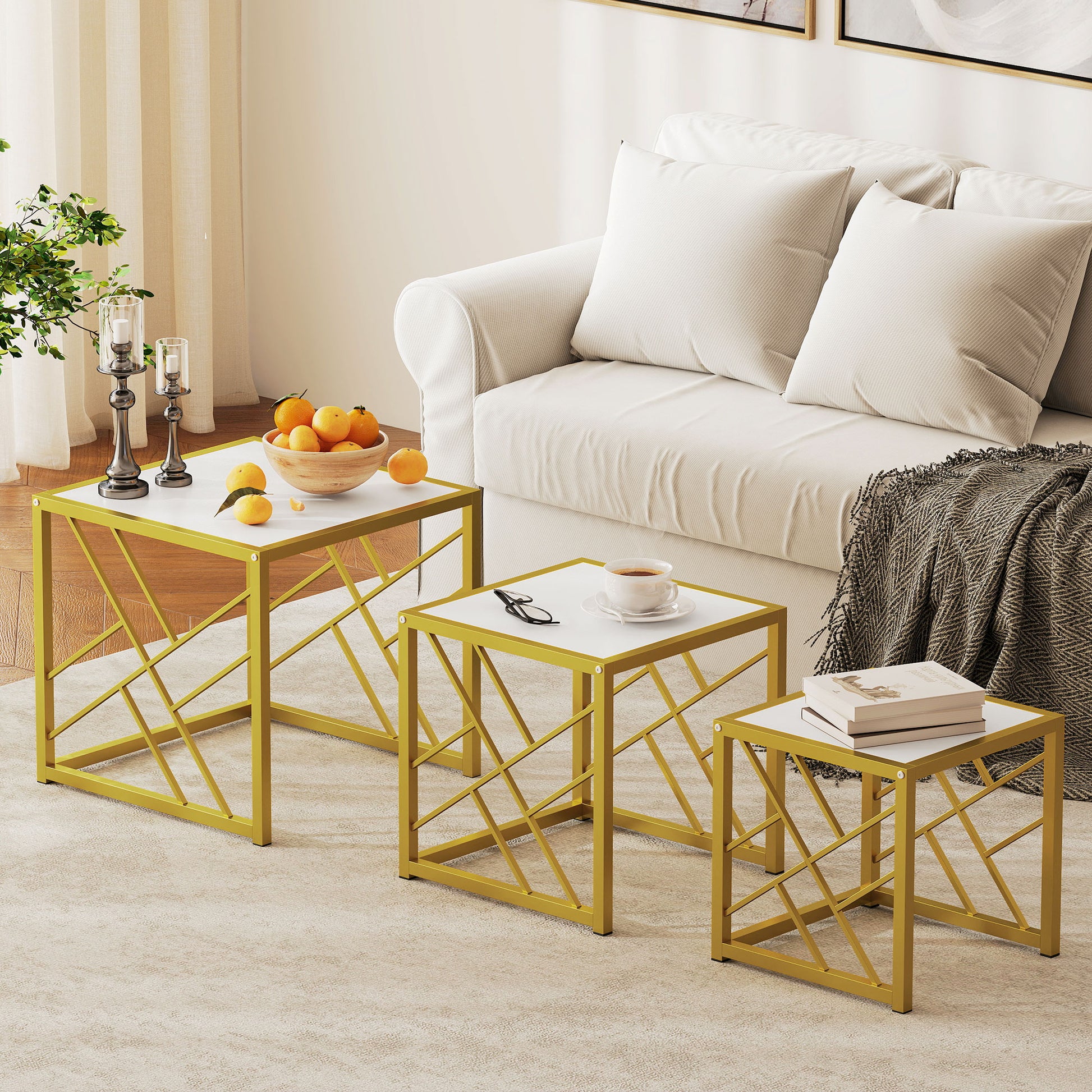 HOMCOM Nesting Coffee Tables, Set of 3 Square Side Tables with Gold Metal Frame, for Living Room, Bedroom and Office, White