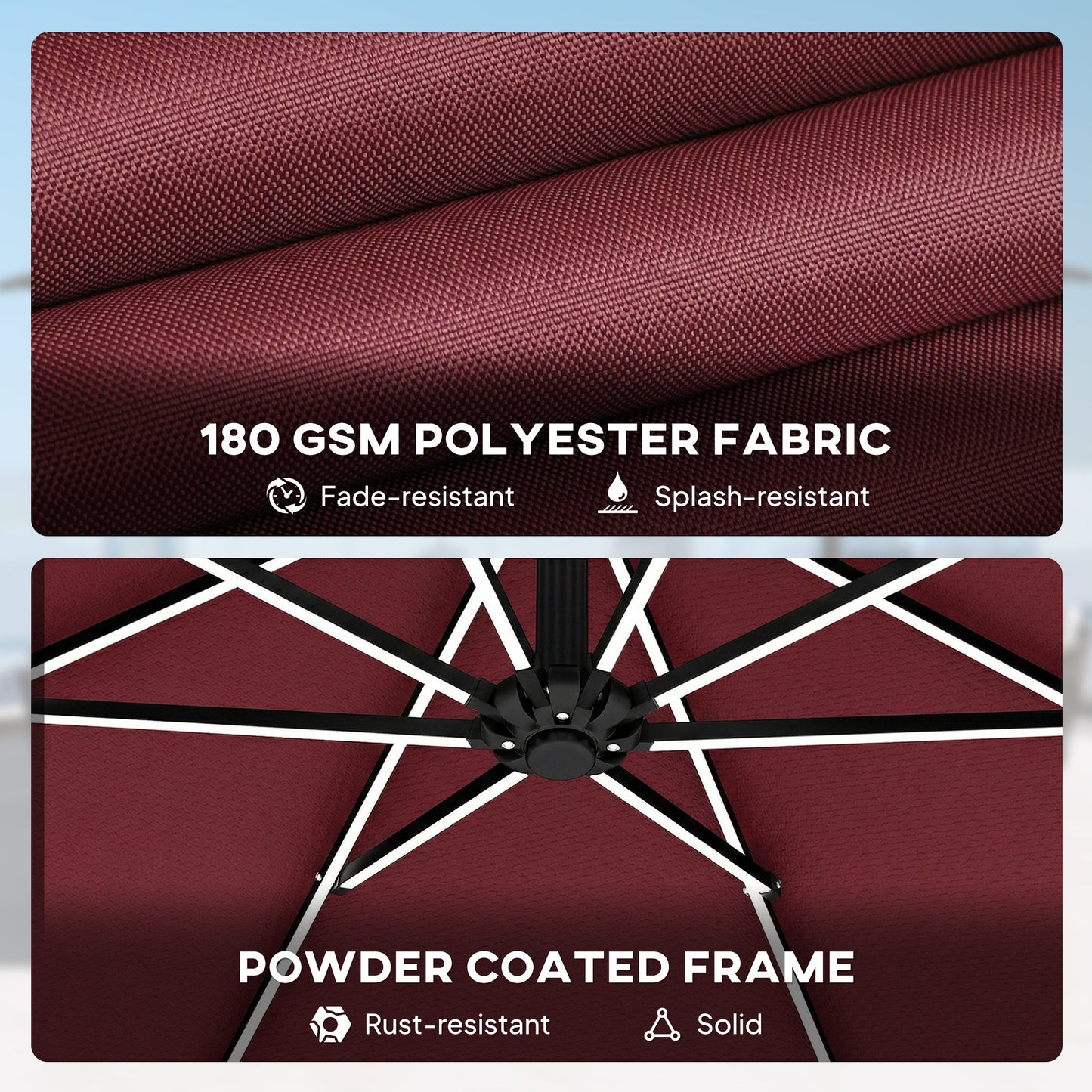 Outsunny 3 m Garden Cantilever Parasol with LED Solar Light, Round Overhanging Umbrella with 360Â° Rotation, Cover, Wine Red