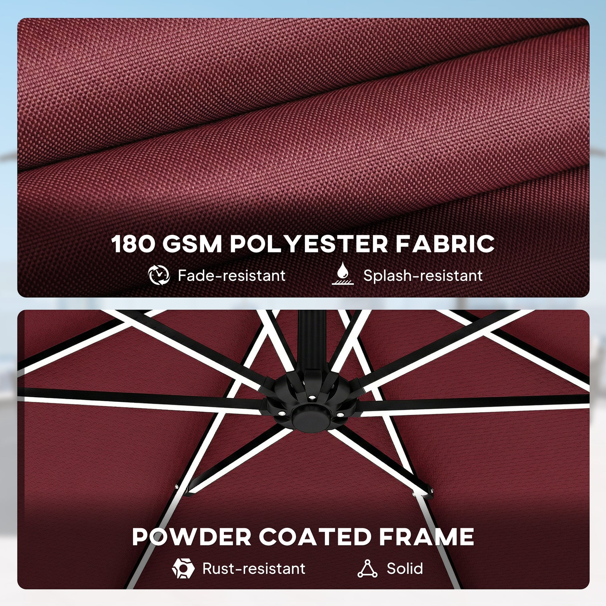 Outsunny 3 m Garden Cantilever Parasol with LED Solar Light, Round Overhanging Umbrella with 360Â° Rotation, Cover, Wine Red