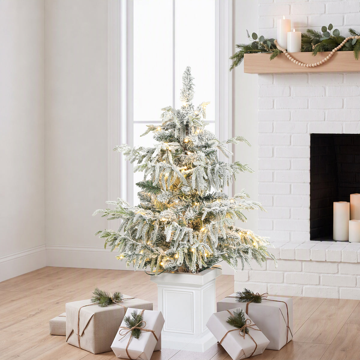HOMCOM 3ft Prelit Flocked Christmas Tree, Artificial Snow Flocked Spruce with 100 Warm White LED Lights, 8 Modes, Green