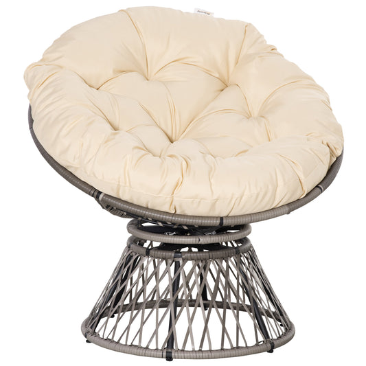 Outsunny 360Â° Swivel Rattan Moon Bowl Chair Round Lounge Garden Wicker Basket Seat with Padded Cushion Oversized for Outdoor Indoor, Beige