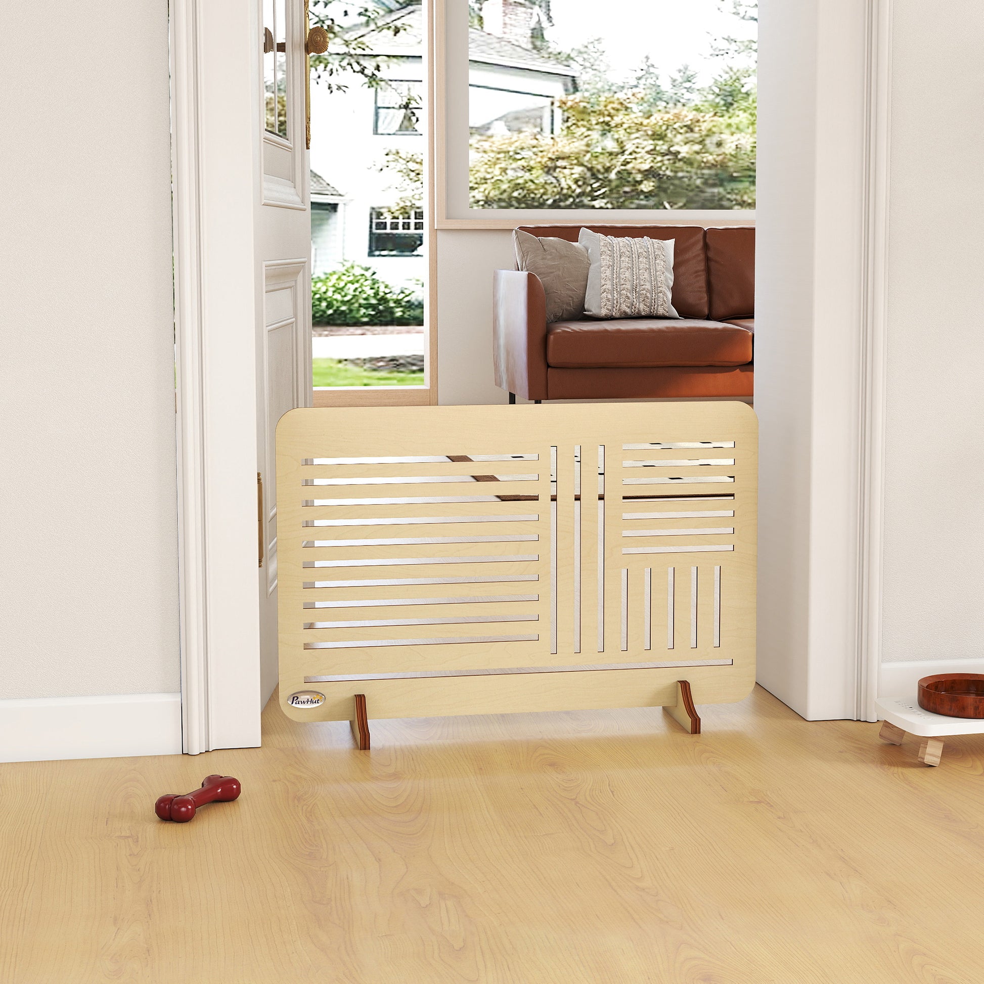 PawHut Freestanding Pet Gate, Portable Dog Barrier Gate with Feet for Small Breeds, 75 x 51 cm, Natural Wood