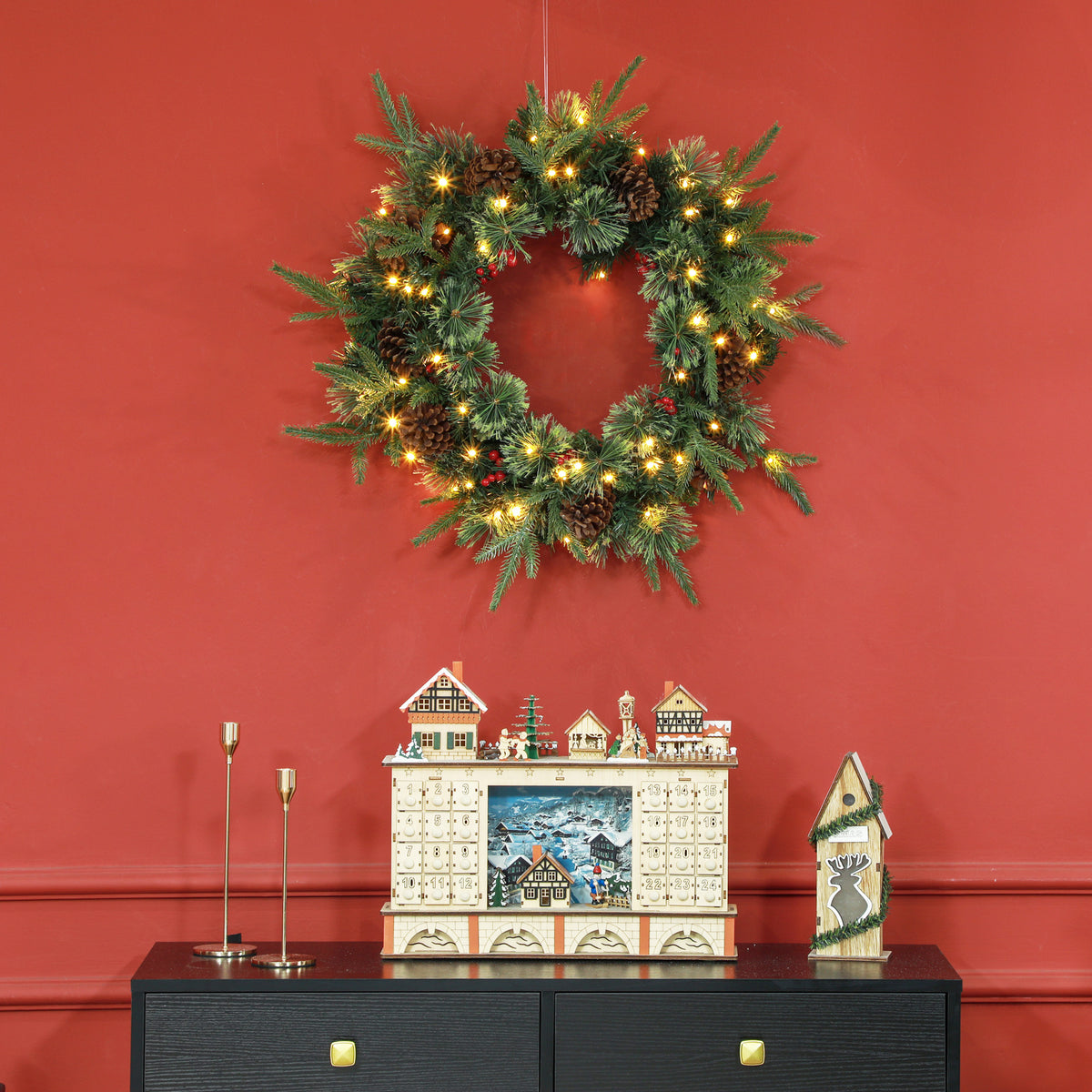 HOMCOM 60" Cone and Berry Christmas Wreath, with LED Lights