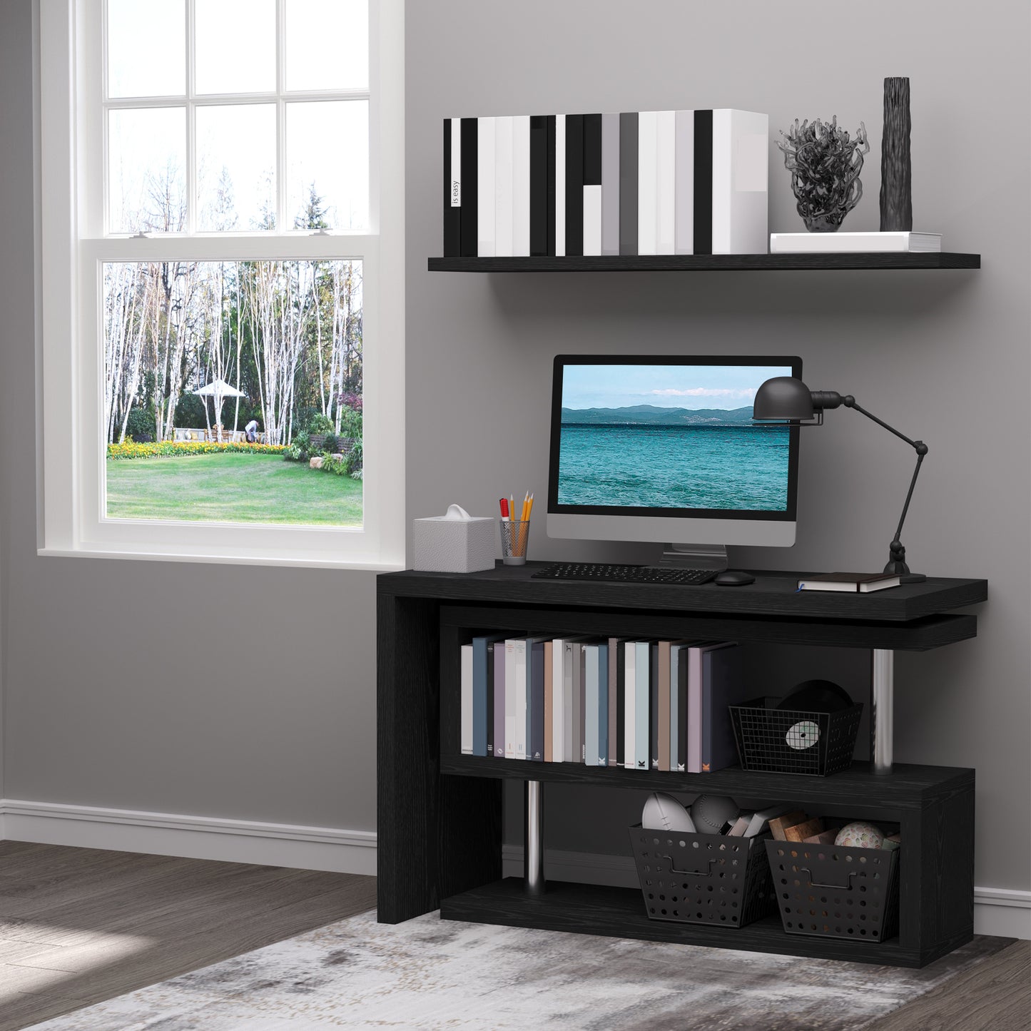 HOMCOM L Shaped Desk with 360Â° Rotating Storage Shelves, Corner Computer Desk, Space Saving Study Table for Home Office, Black
