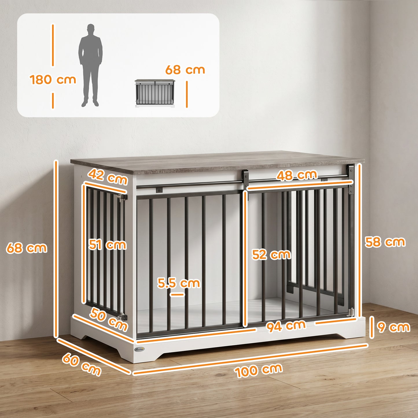 PawHut 100 cm Large Dog Crate Furniture with Sliding Barn Door for Large Dogs, White