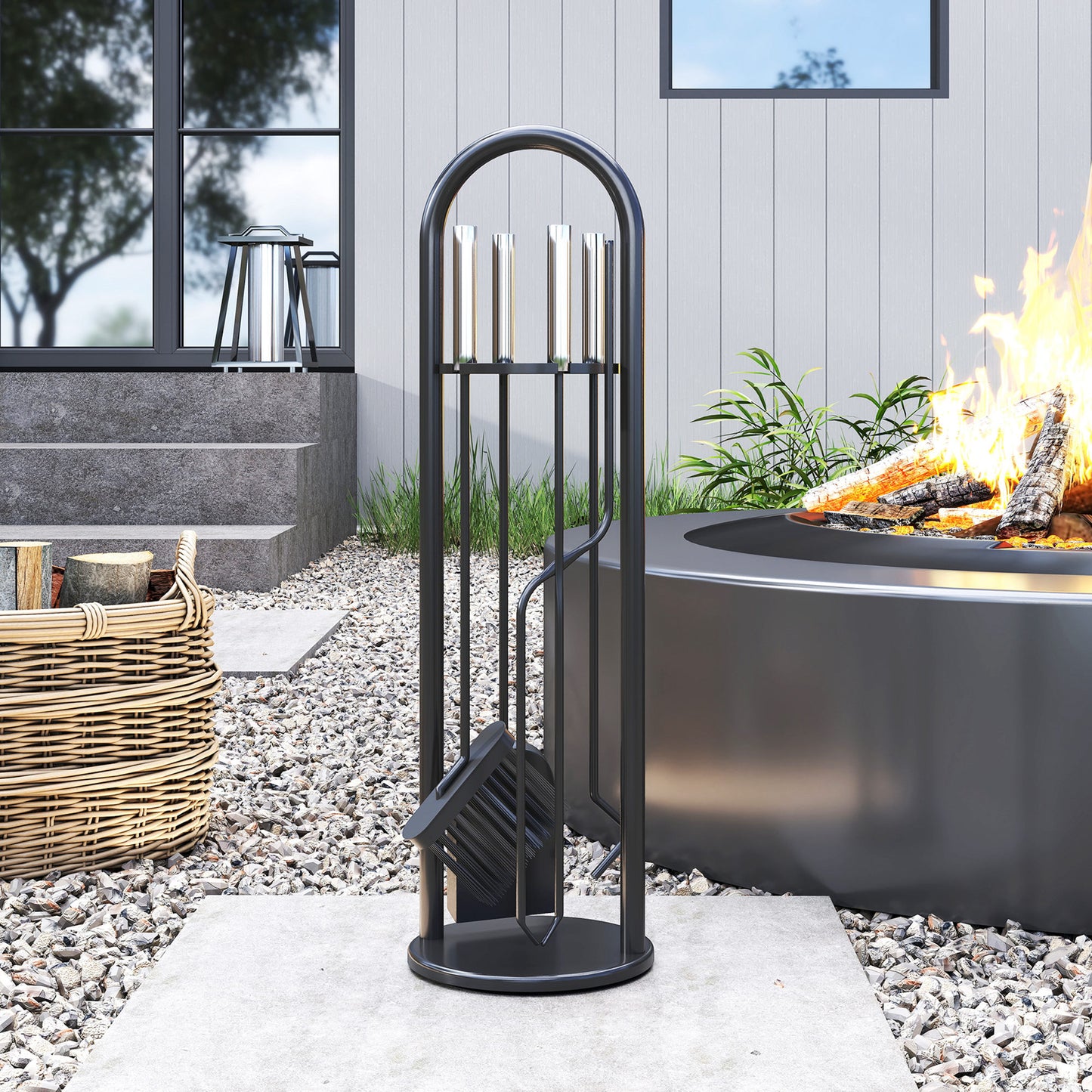 Outsunny 5 Pieces Fireplace Tools Set, Metal Fireplace Accessories Fireside Companion Set with Broom, Shovel, Poker and Bucket, Silver