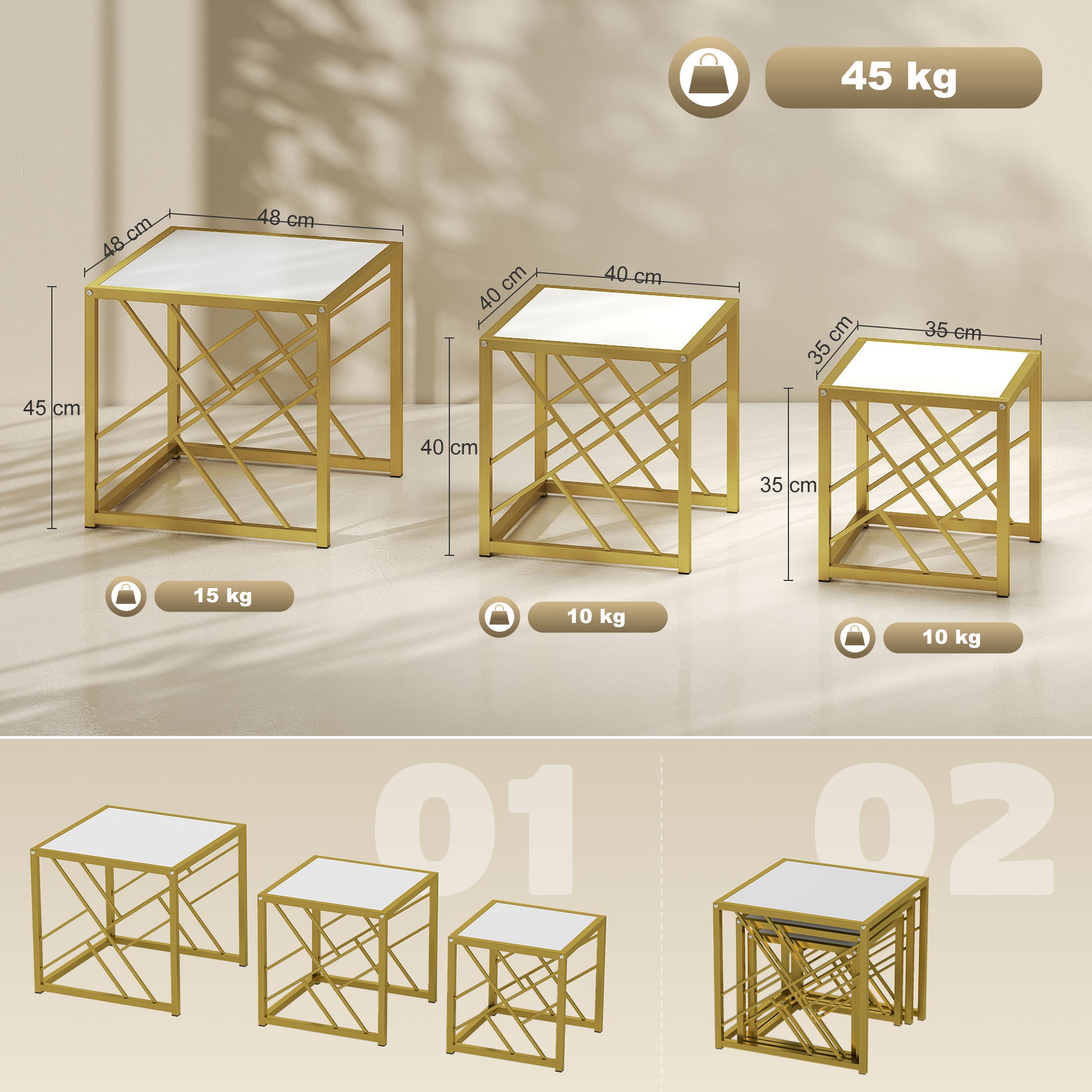 HOMCOM Nesting Coffee Tables, Set of 3 Square Side Tables with Gold Metal Frame, for Living Room, Bedroom and Office, White