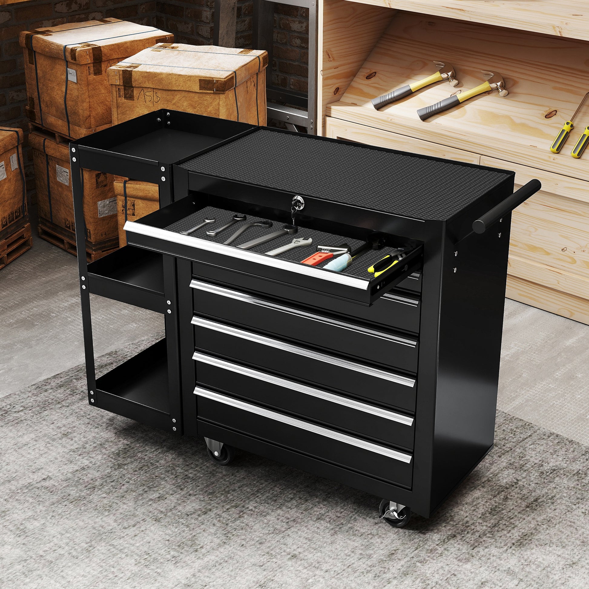 HOMCOM Lockable Steel Tool Chest on Wheels, 7 Drawer Tool Box with Handle for Workshop, Garage, Black