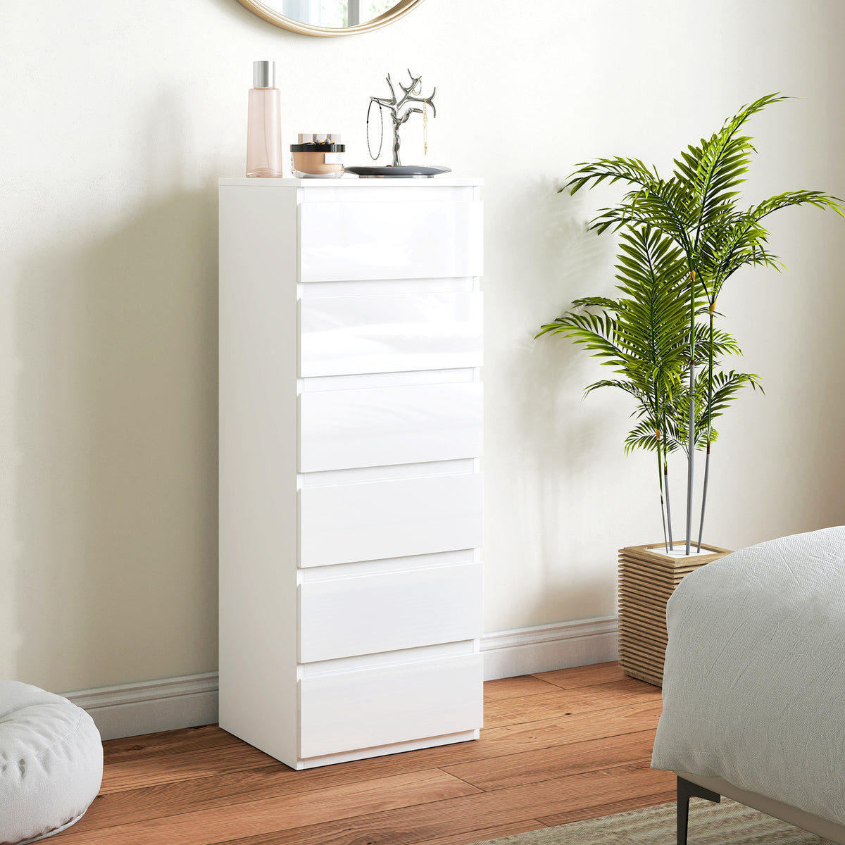 HOMCOM Chest of Drawers High Gloss Finish 6 Drawer Dresser Space Saving Slim Design Handle Free Drawers High-Gloss White