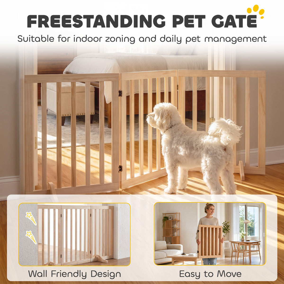 PawHut Wooden Dog Gate, 3-Panel Freestanding Pet Gates Indoor with 2 Support Feet and 360Â° Flexible Hinges, Natural