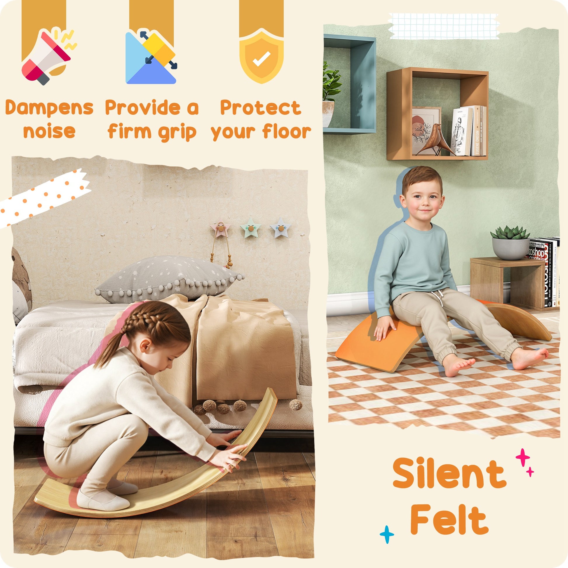 AIYAPLAY Wooden Balance Board for Kids, Wobble Board with Silent Felt for Sensory Play, Orange