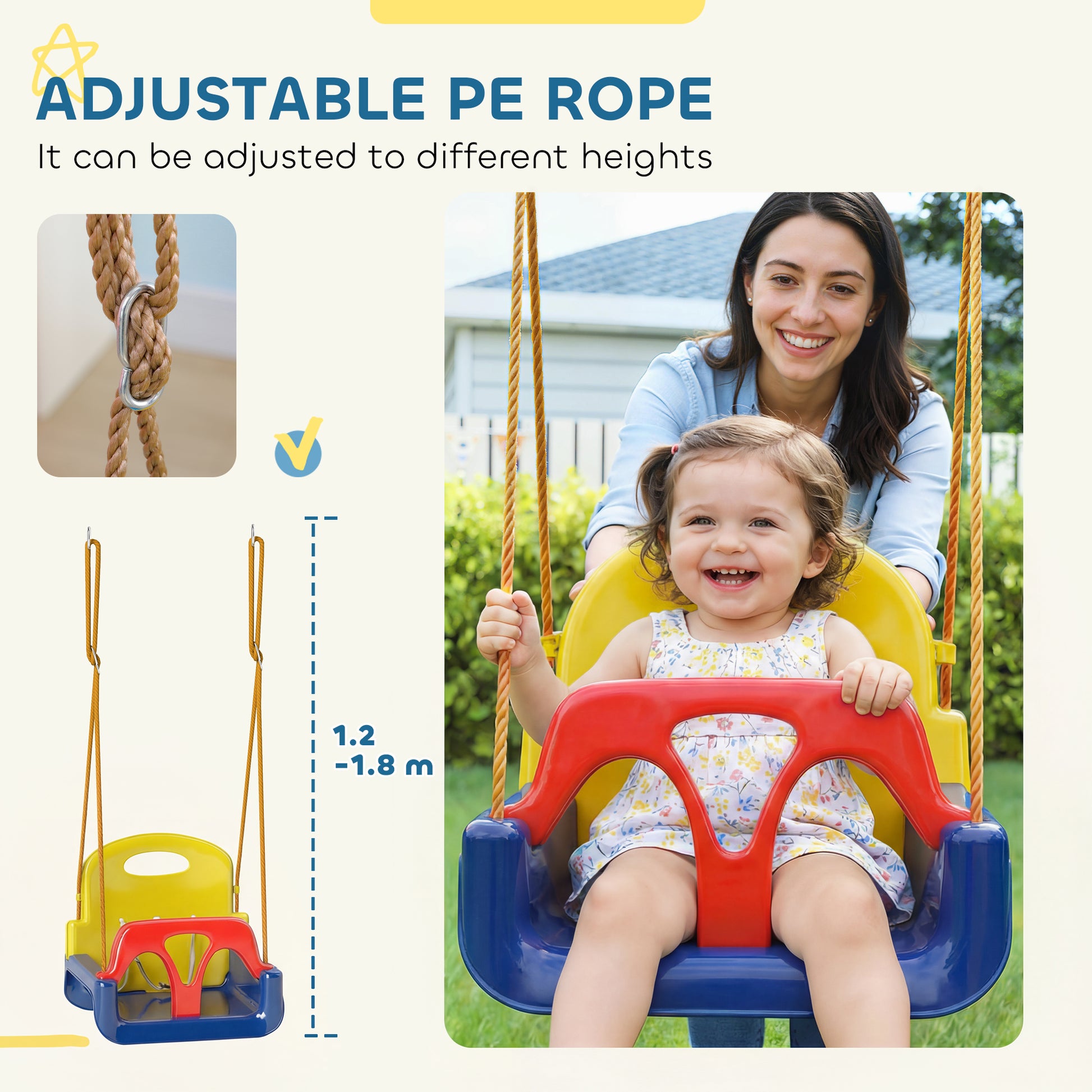 Outsunny 3 in 1 Detachable Kids Swing Seat with Seatbelt, Adjustable Rope for Indoor, Outdoor, Dark Blue