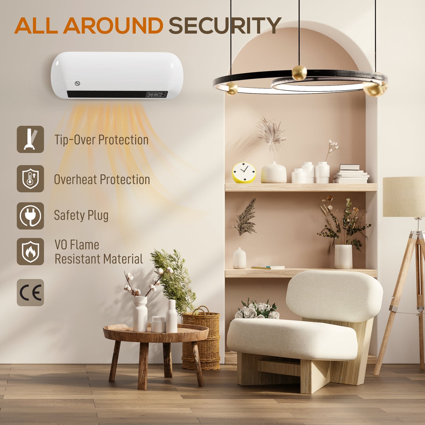 HOMCOM 2000W Ceramic Electric Heater with Fan, Adjustable Thermostat, Wall Mounted - White