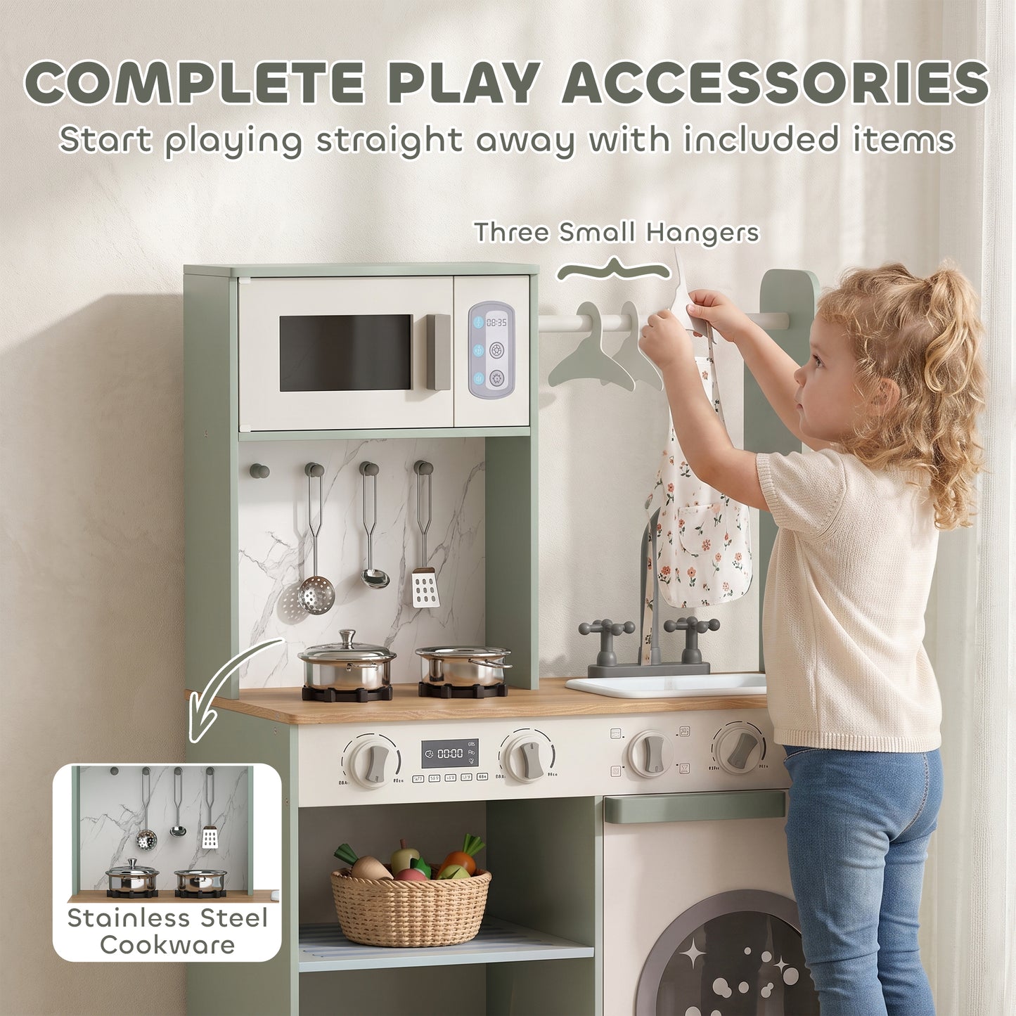 AIYAPLAY Kids Play Kitchen, Pretend Play Toy Kitchen Playset with Stove, Sink, Microwave, 5Pcs Accessories for 3-6 Years, Green