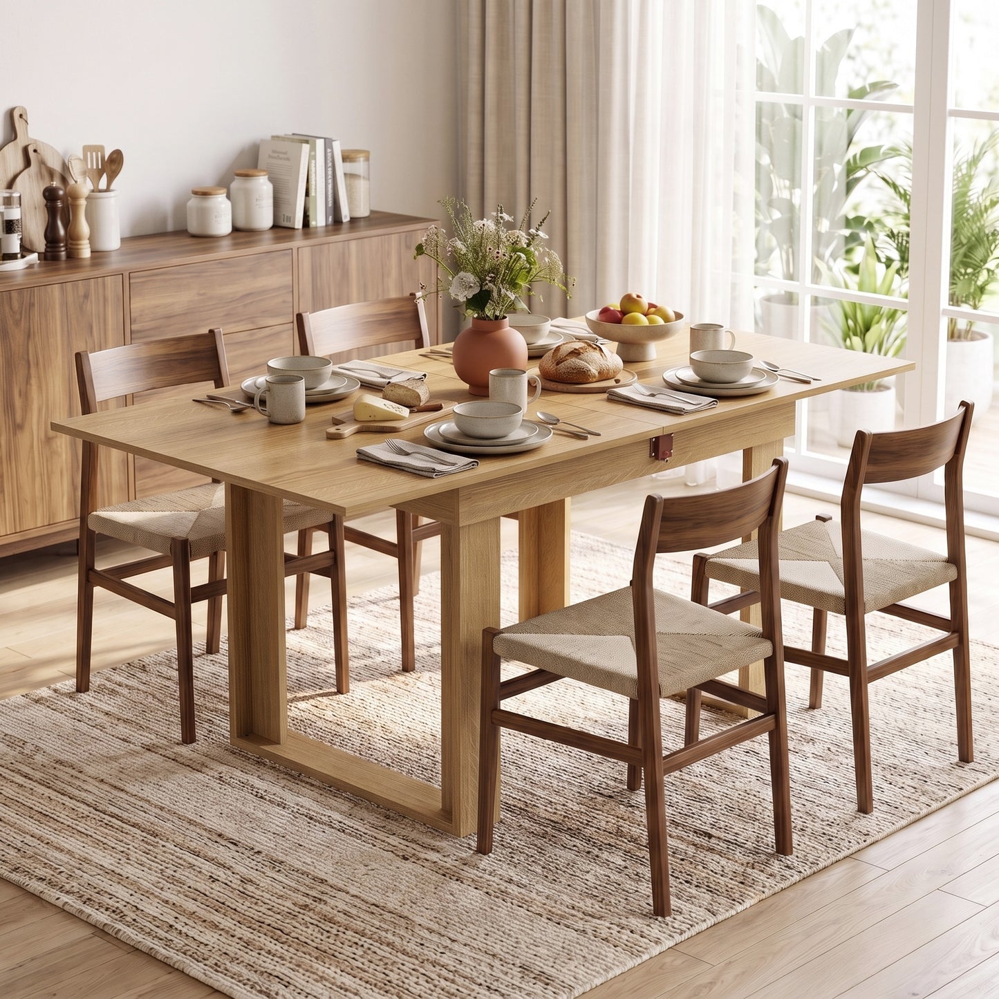 HOMCOM Folding Dining Table Under-Table Storage Extendable Kitchen Table Steel Rail Oak Effect