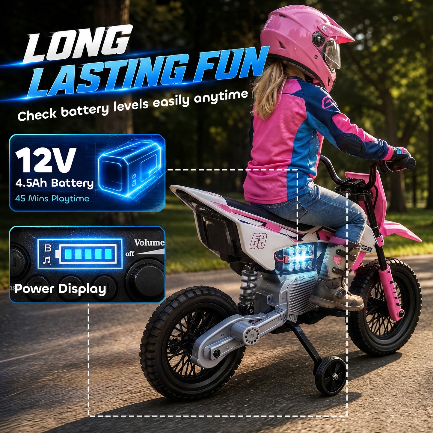 AIYAPLAY Kids Electric Motorcycle, 12V Ride On Motorbike with Training Wheels, Soft Start, Suspension, Music for 3â€“6 Years, Pink