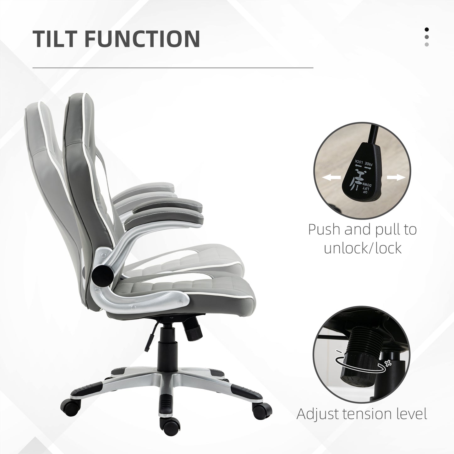 Vinsetto Computer Gaming Chair, Office Desk Swivel Chair, PU Leather Racing Chair with 90Â° Flip-up Armrest, Adjustable Height and Rolling Wheels, Grey