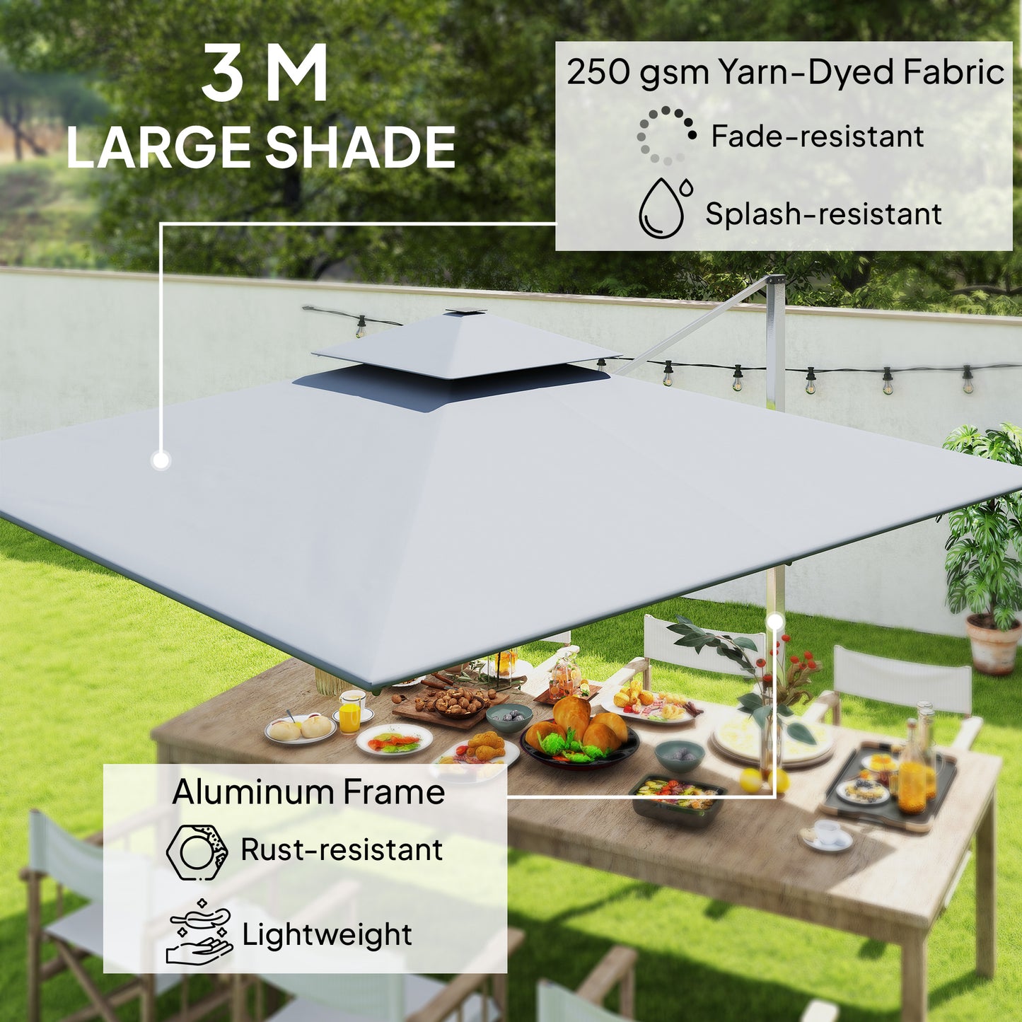 Outsunny 3(m) Garden Cantilever Parasol with Solar LED Lights, Cross Base, 360Â° Rotation, Crank Handle and Tilt, Grey