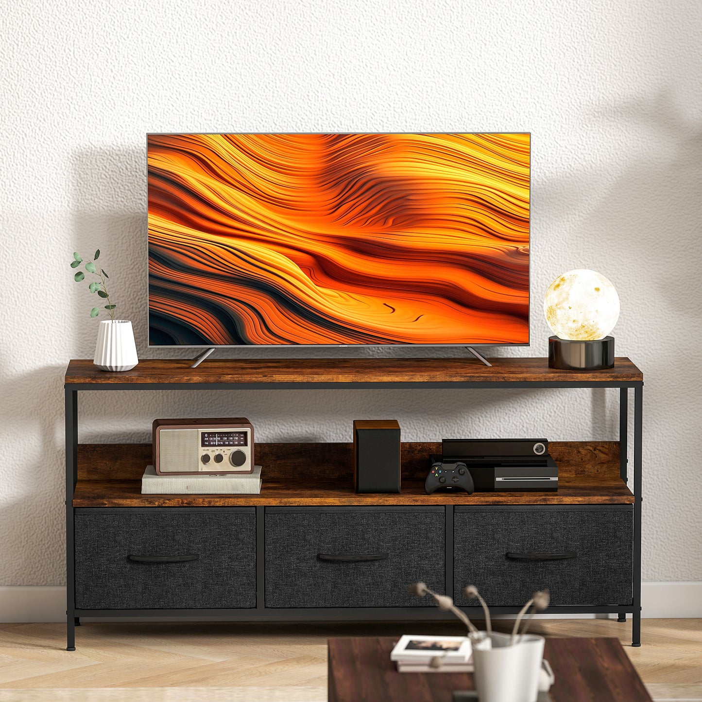 HOMCOM TV Stand Cabinet with 3 Foldable Drawers - Rustic Brown