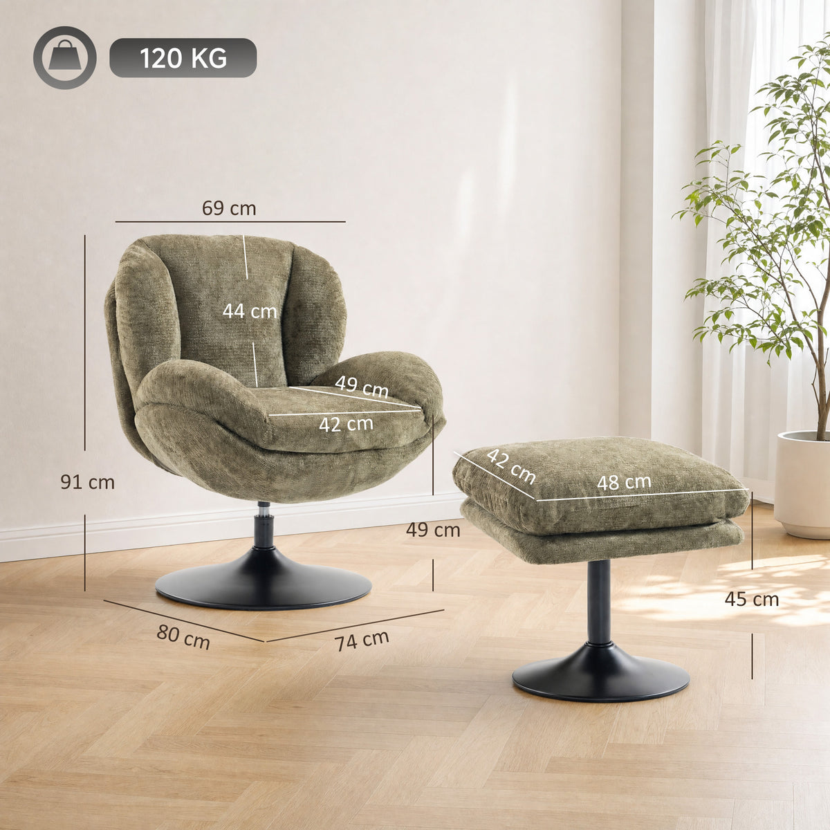 HOMCOM Modern Chenille Lazy Chair with Ottoman, 360Â° Swivel, Upholstered Reading Seat Set for Living Room, Dark Green